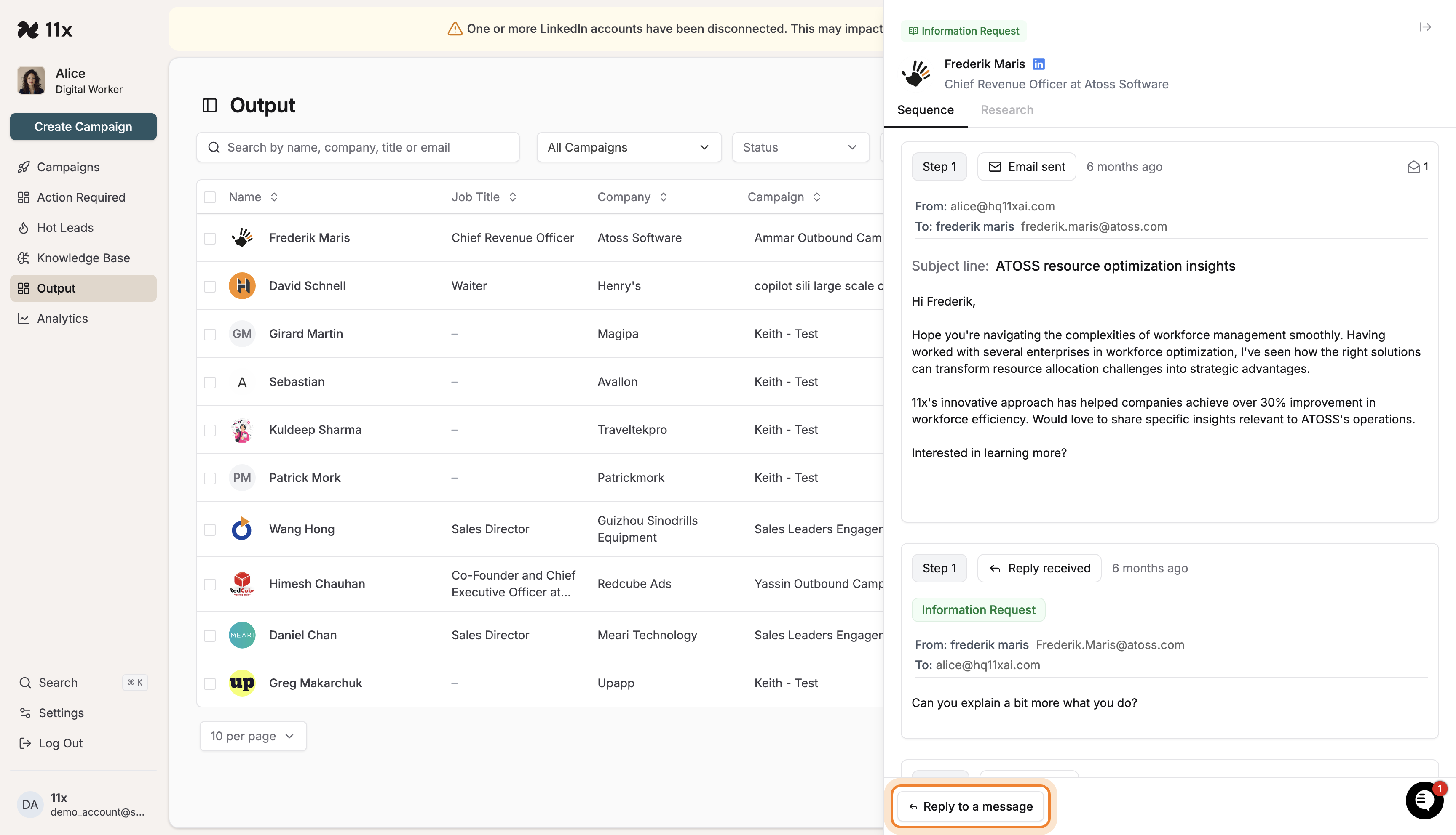 Contact side panel with 'Reply to a message' button highlighted