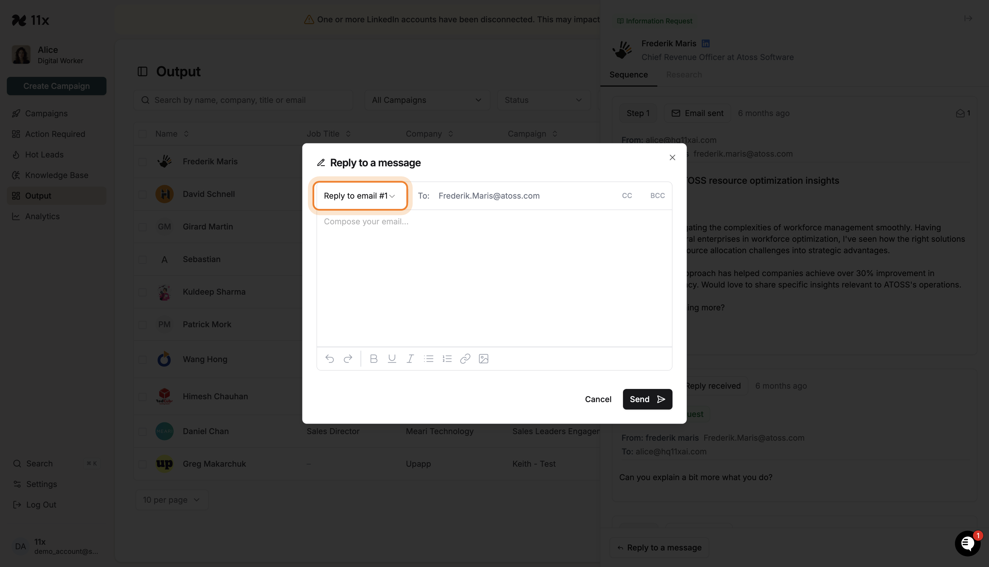 Compose modal with 'Reply to email #1' dropdown highlighted