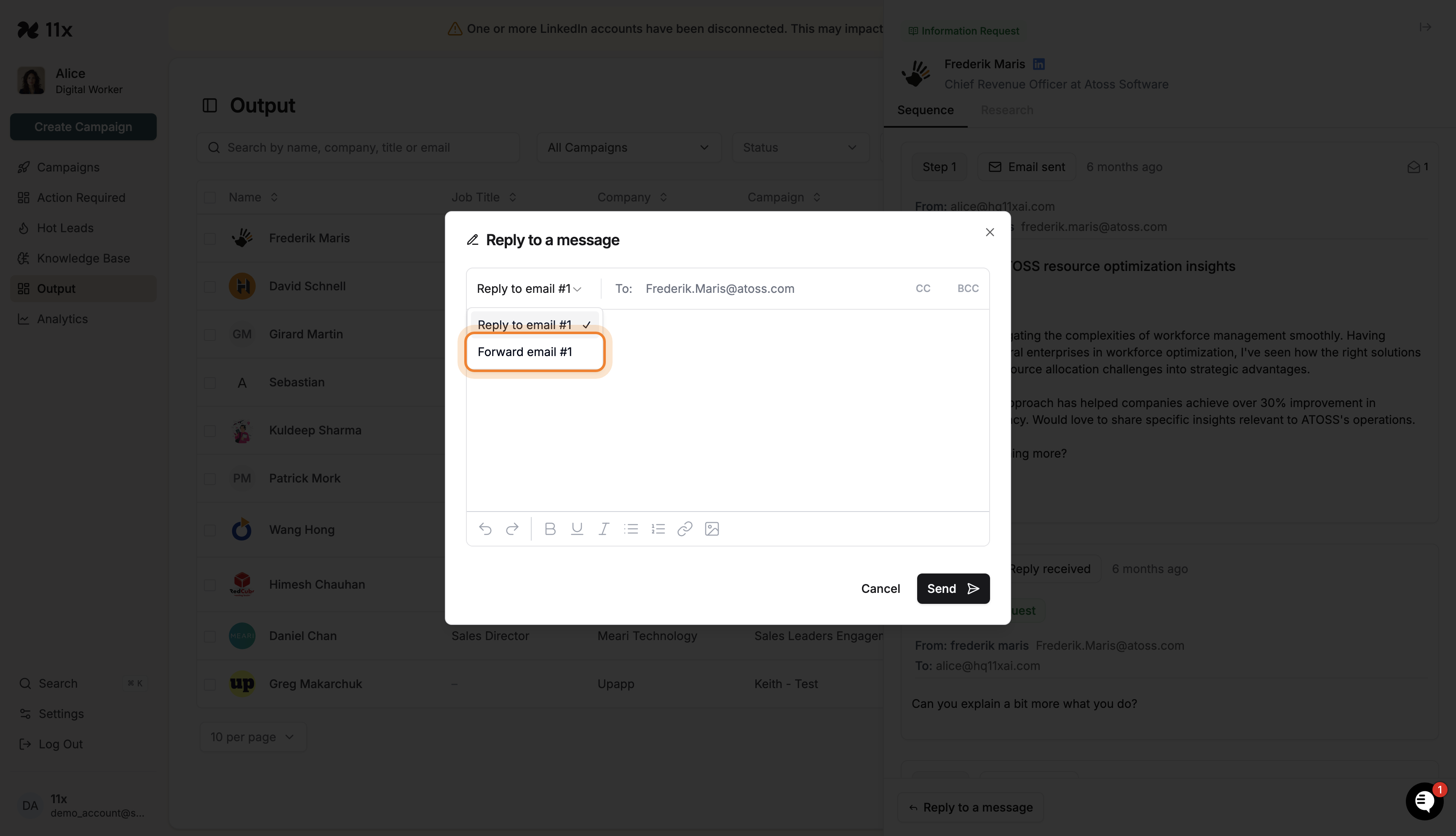 Dropdown menu with 'Forward email #1' option highlighted