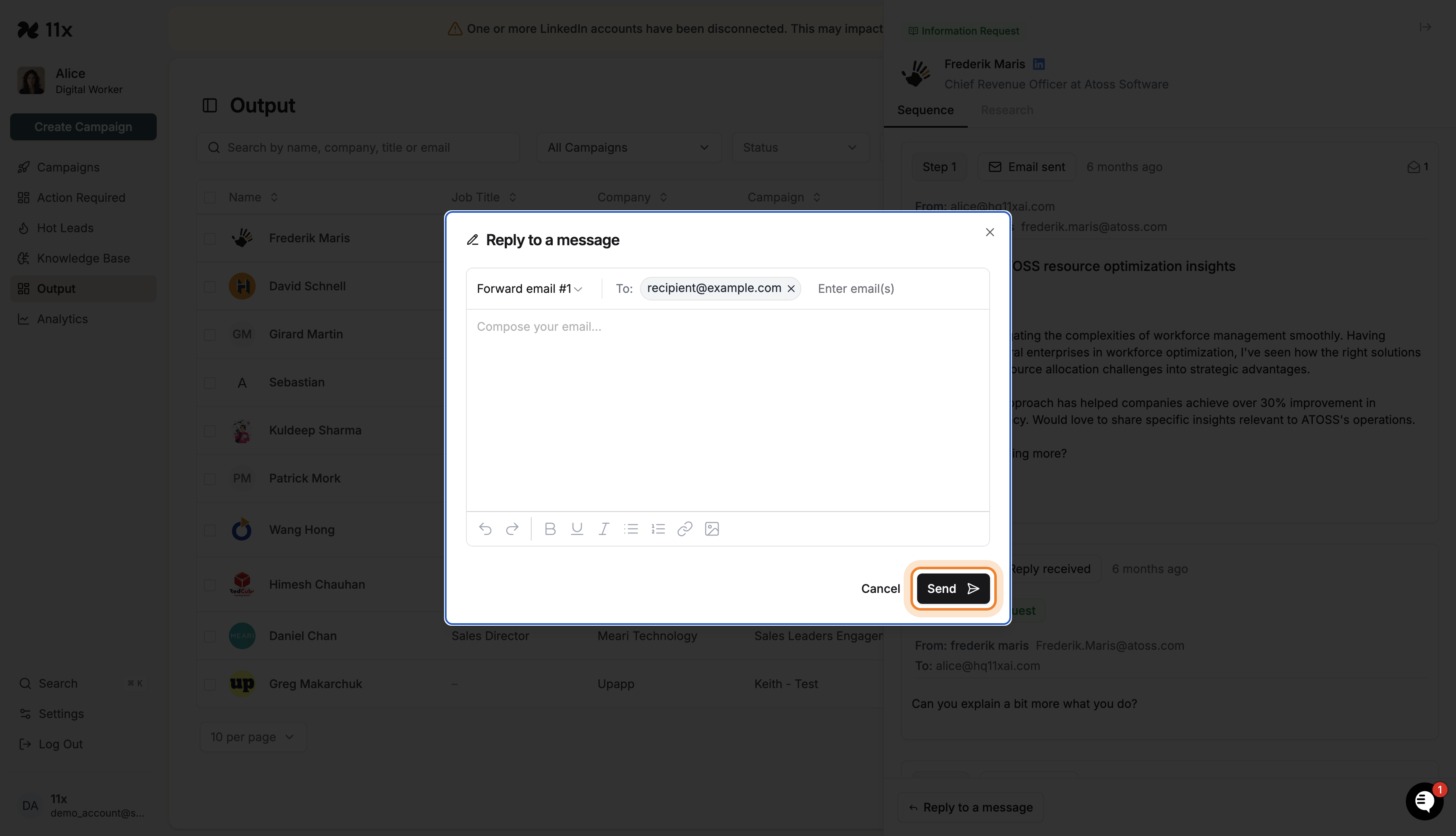 Send button highlighted in the compose modal