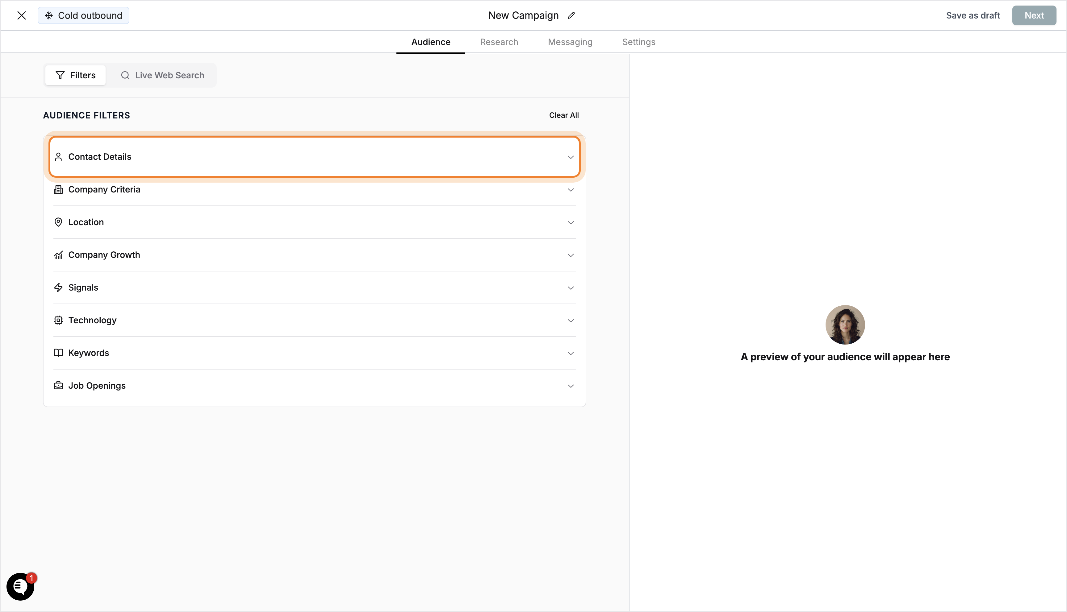 Audience Filters section with "Contact Details" expanded