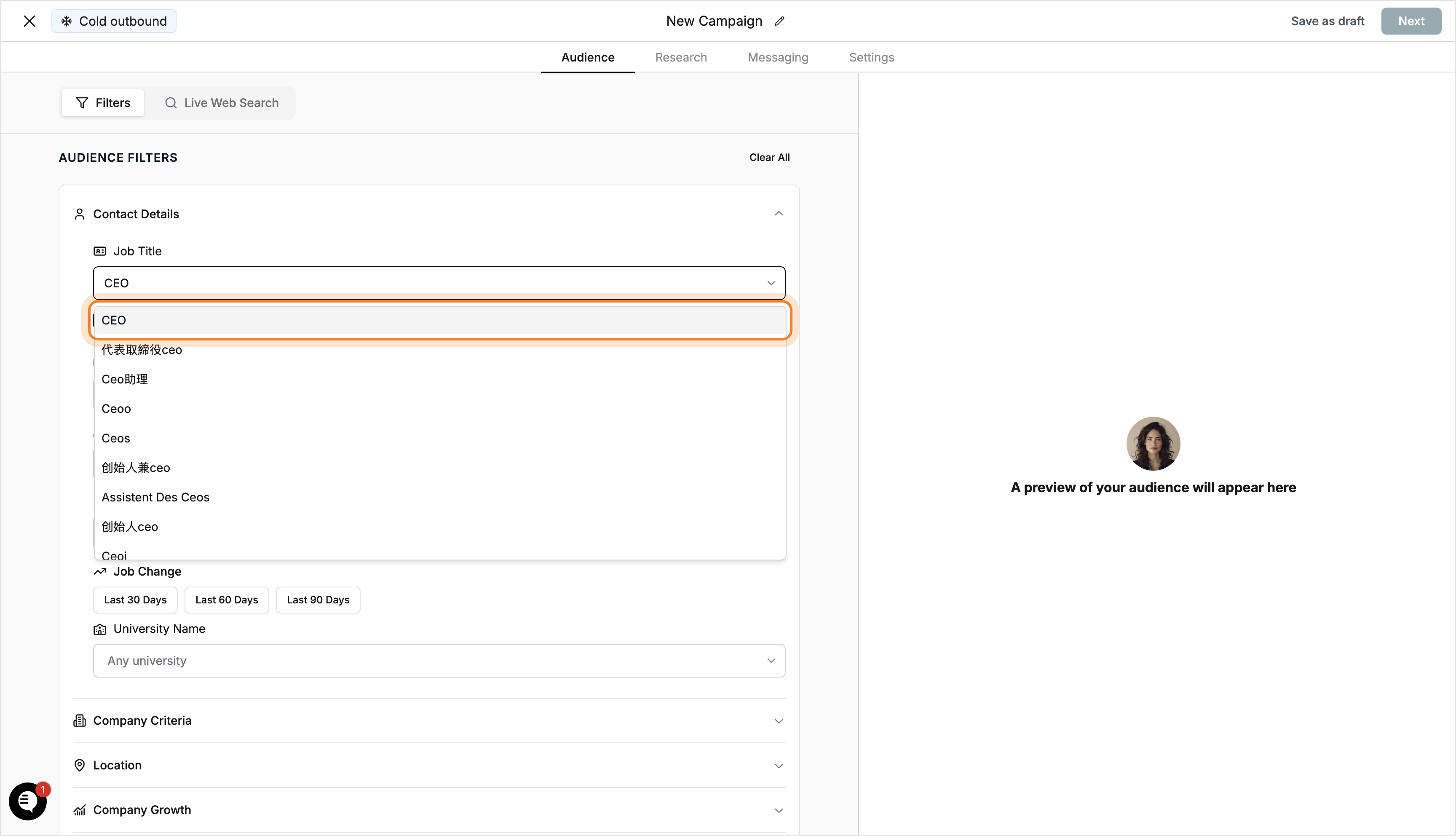 Dropdown with "CEO" option highlighted