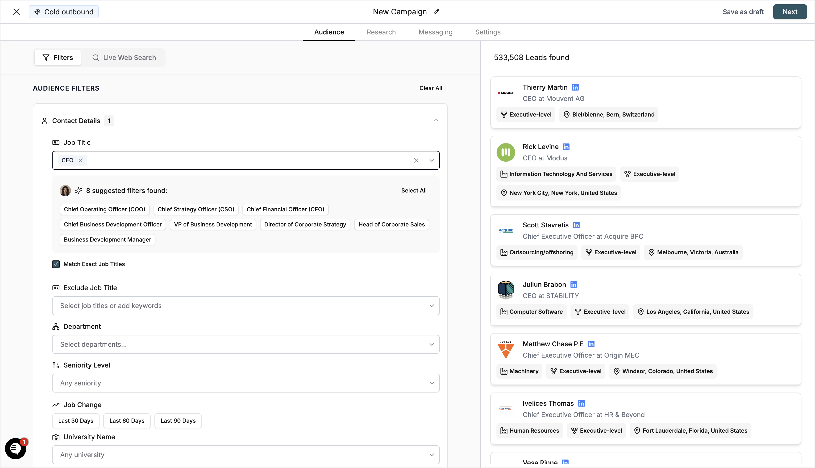 Audience filter applied with "CEO" selected and leads preview shown