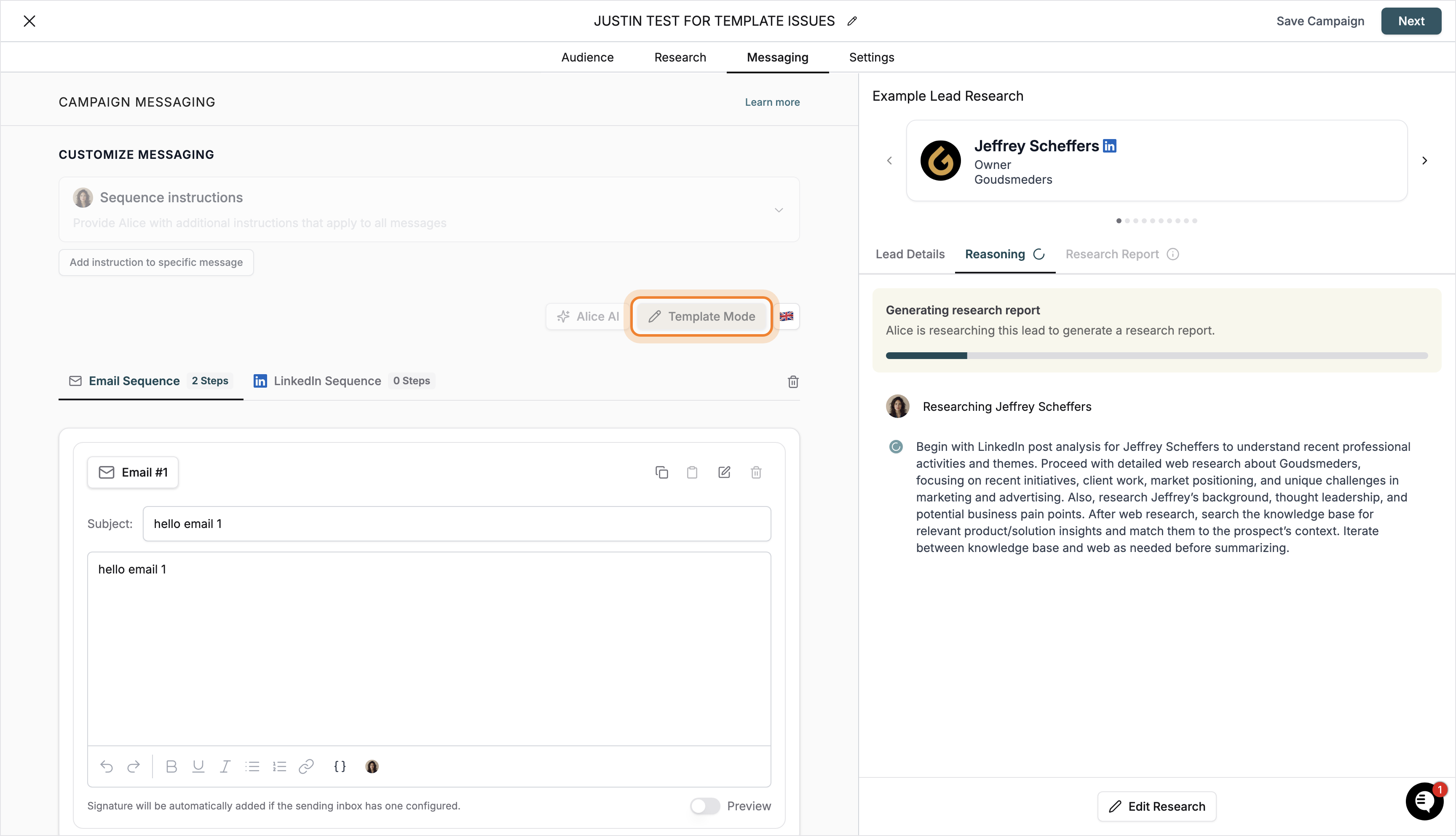Template Mode button highlighted in messaging configuration