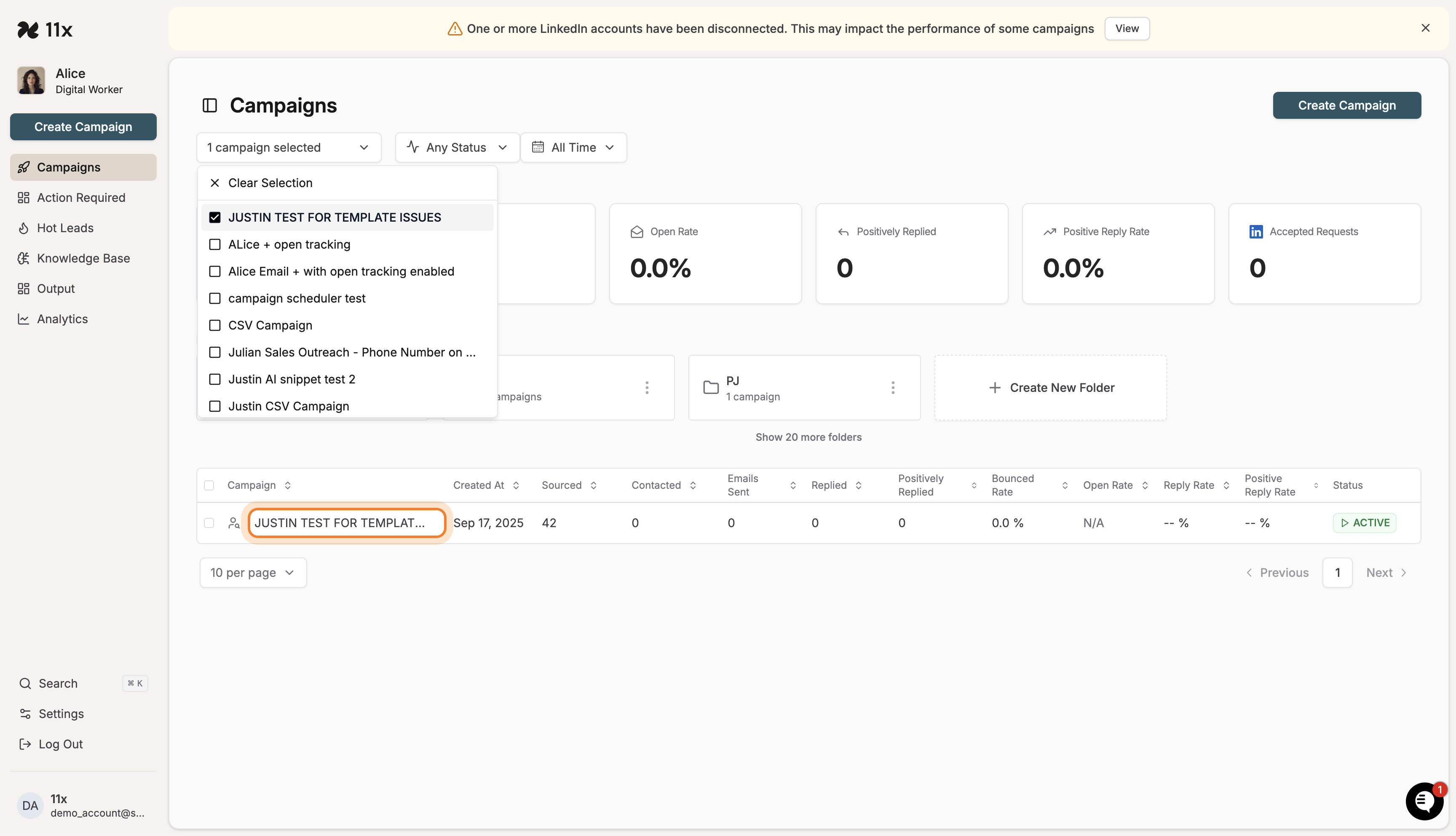 Campaign list filtered to the selected campaign
