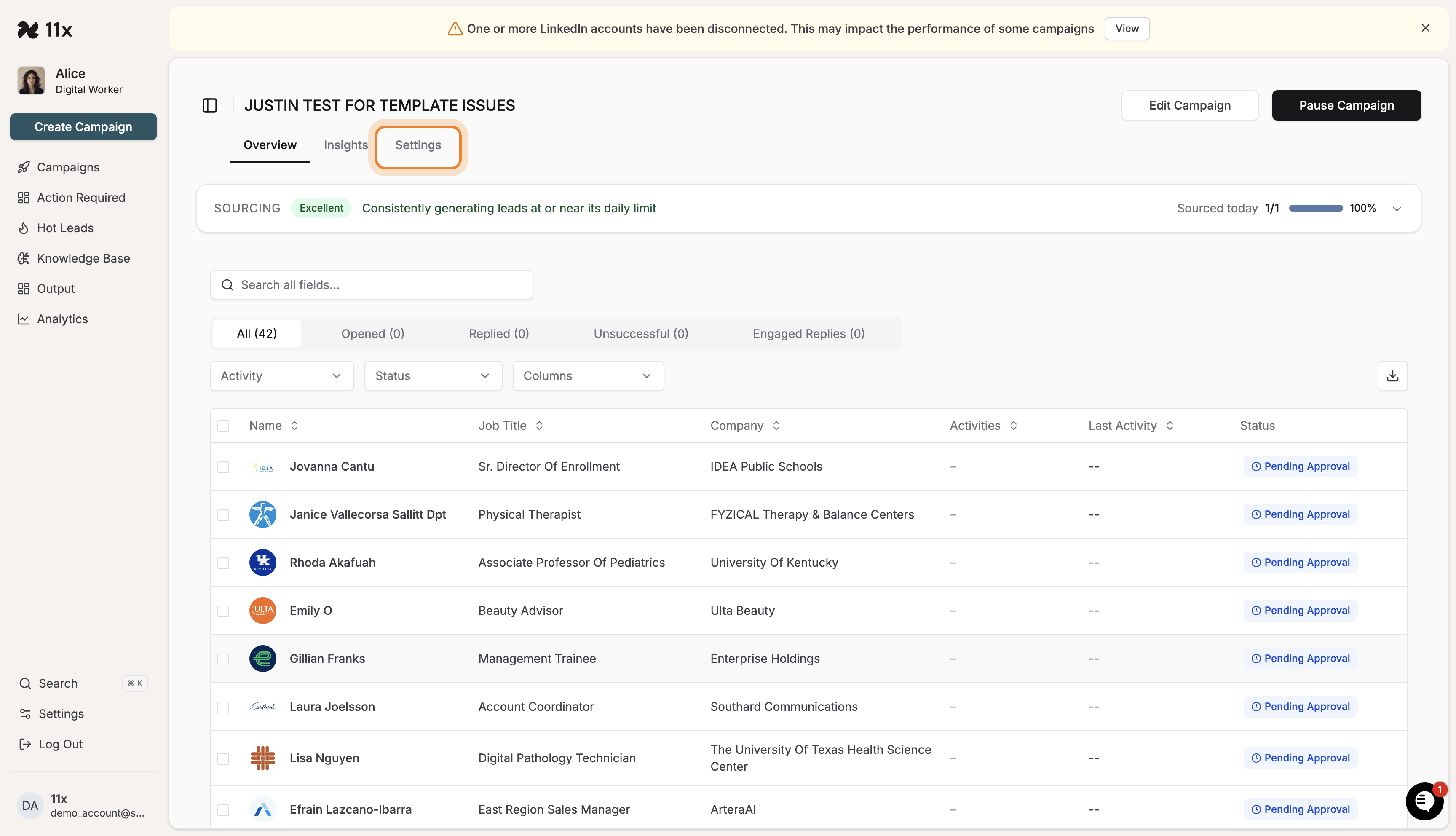 Settings tab highlighted in campaign details