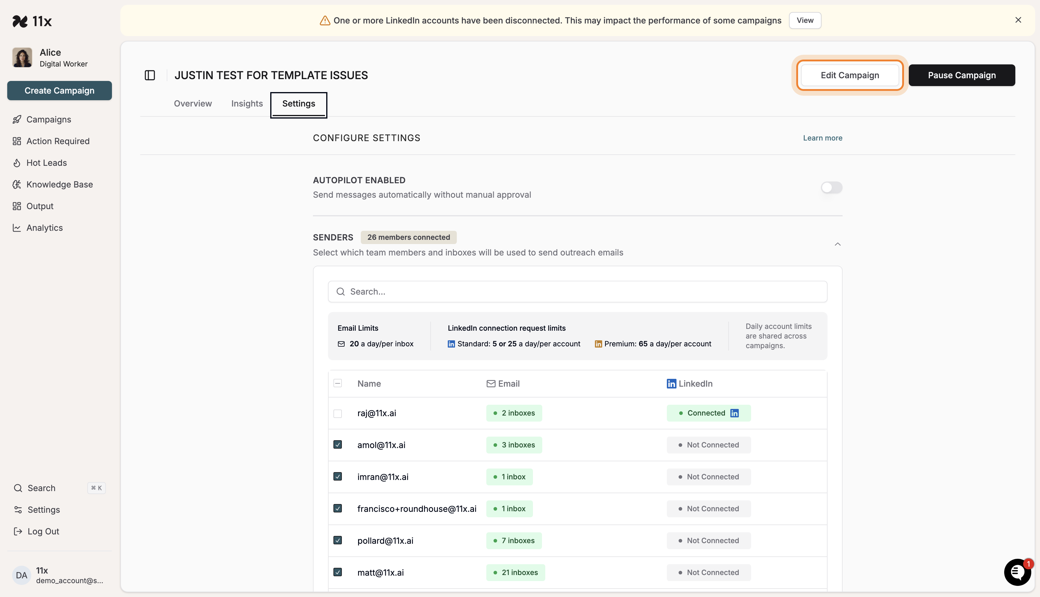 Edit Campaign button highlighted in settings