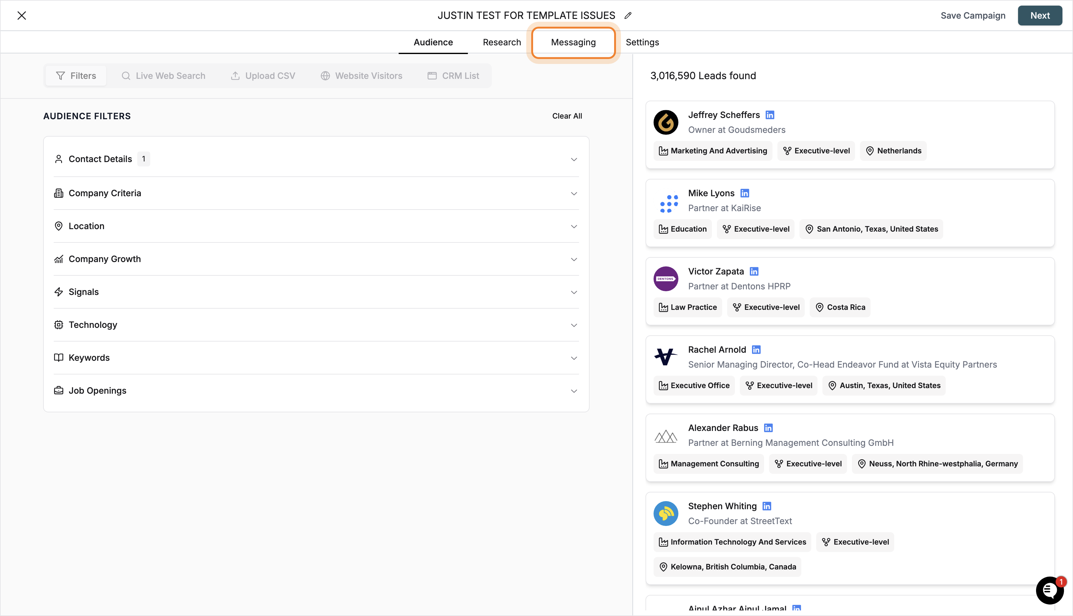 Messaging tab highlighted in campaign edit mode