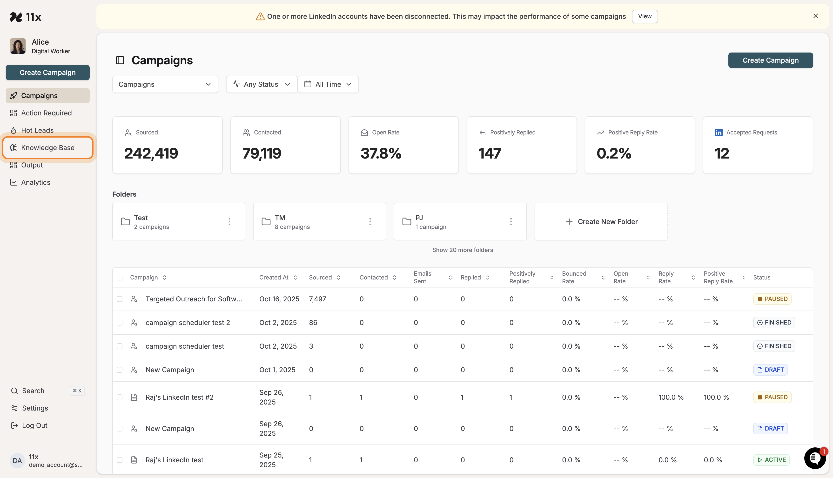 11x platform main dashboard with Knowledge Base menu highlighted