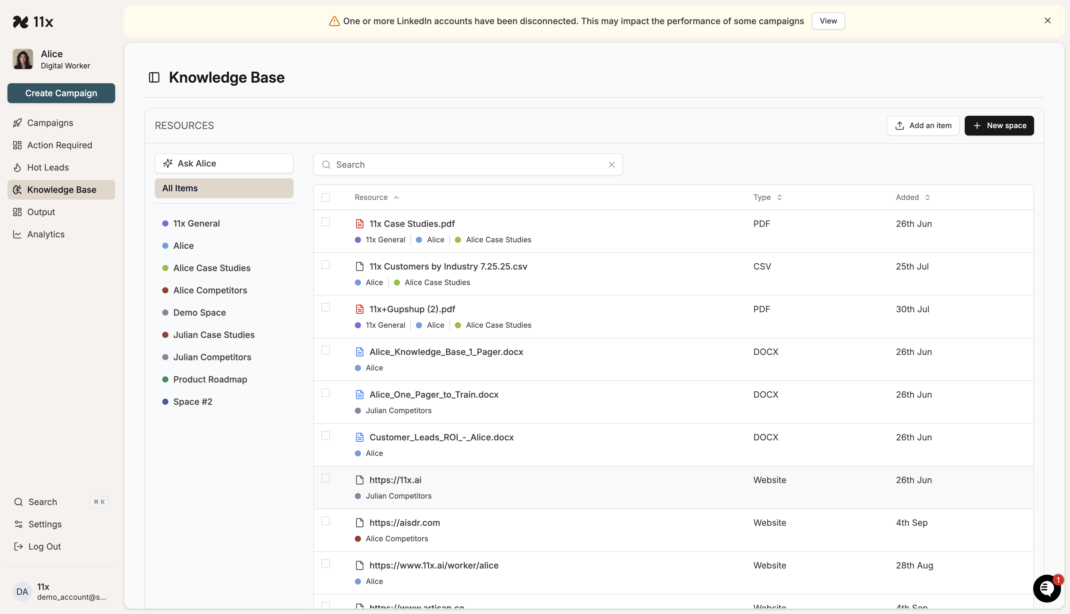 Knowledge Base page showing resources and add buttons