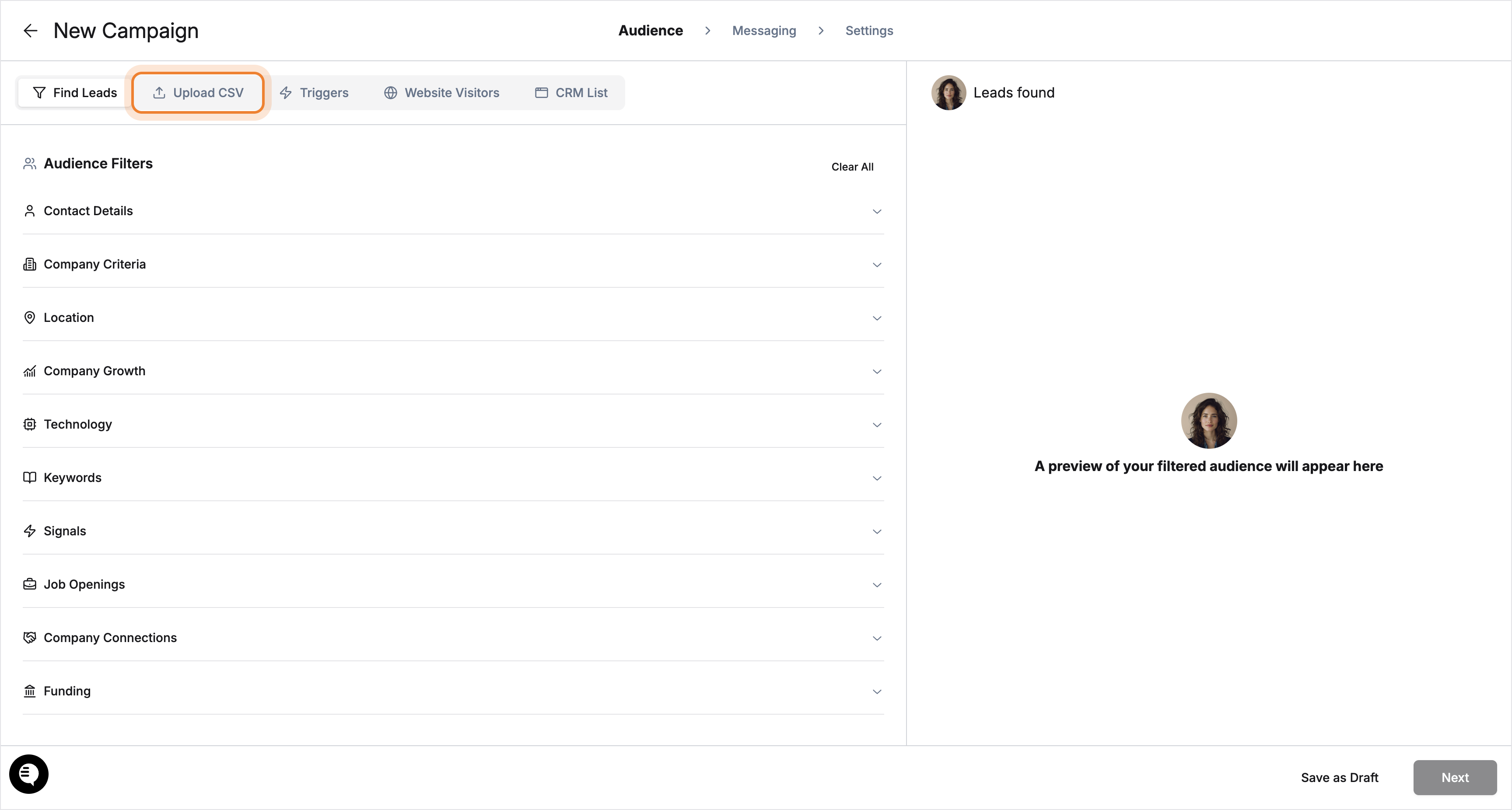 Upload CSV tab highlighted on the New Campaign page