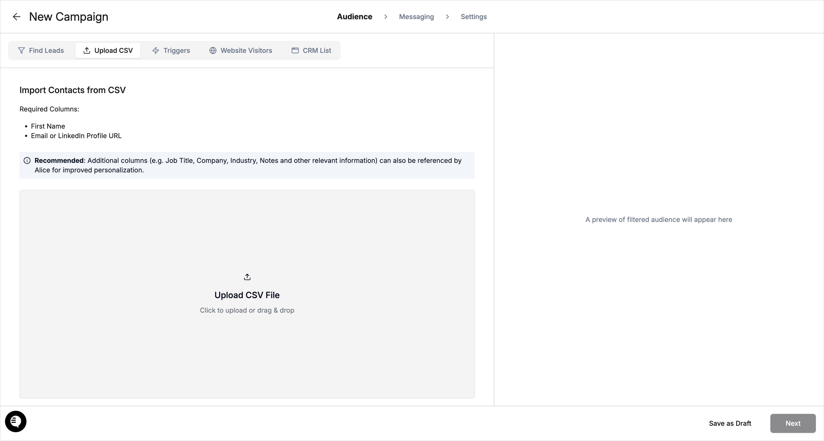 CSV upload area with required and recommended columns listed