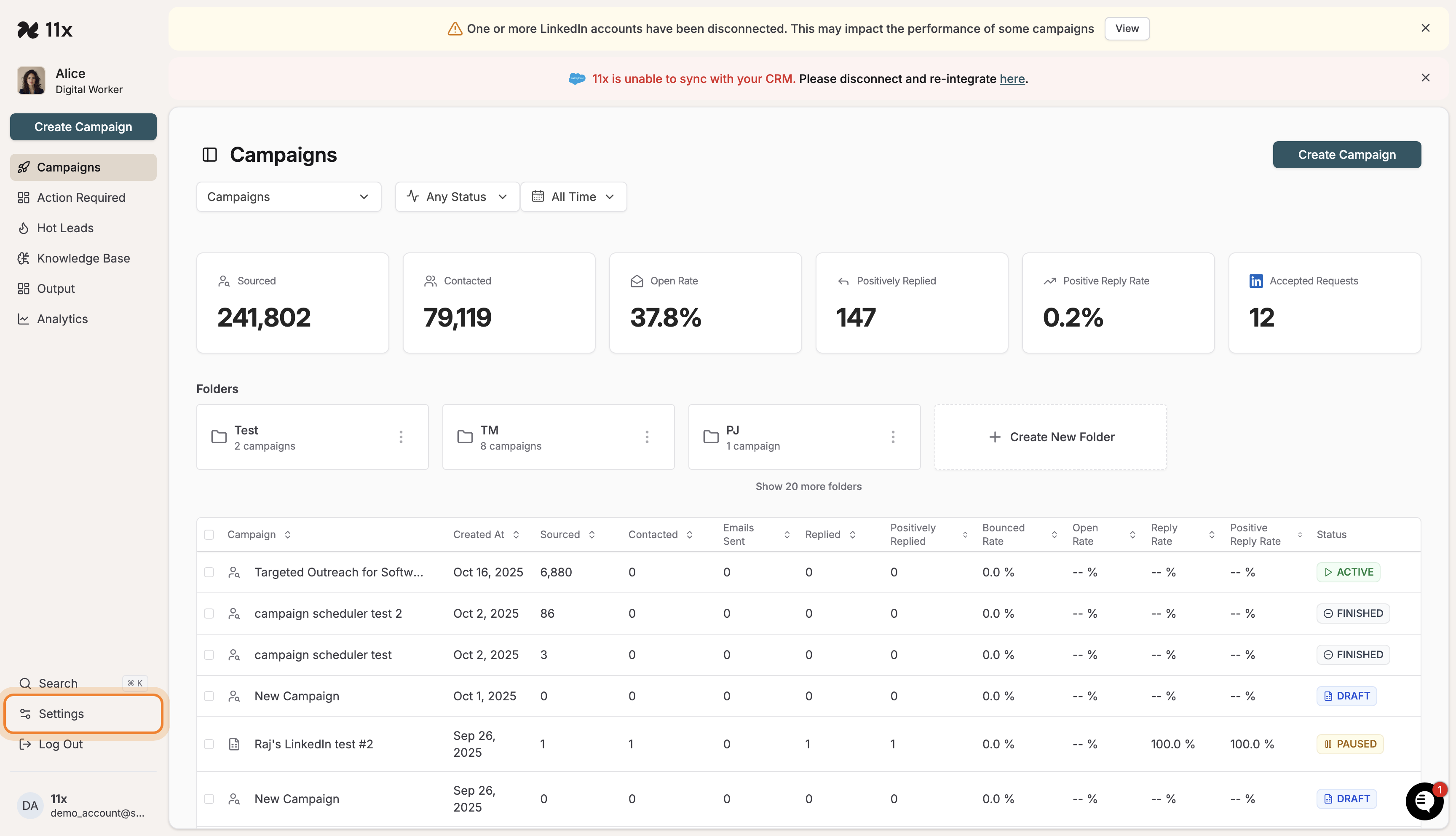 Settings option highlighted in Alice dashboard