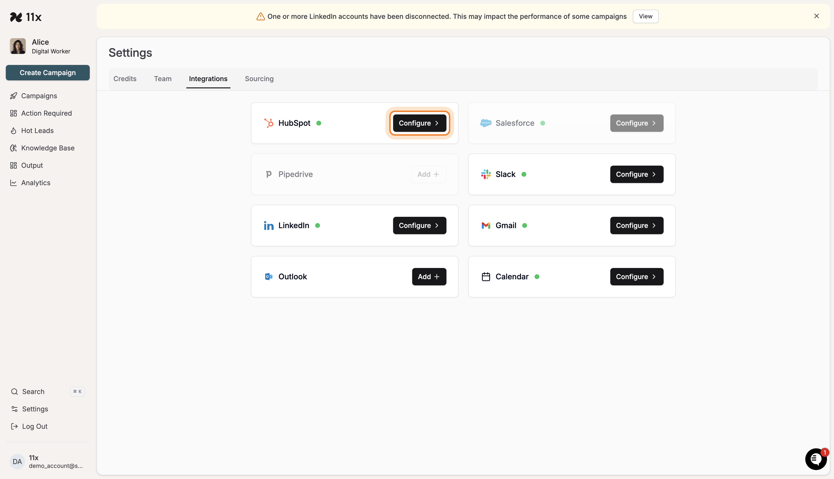 Integrations page with Salesforce Configure button highlighted