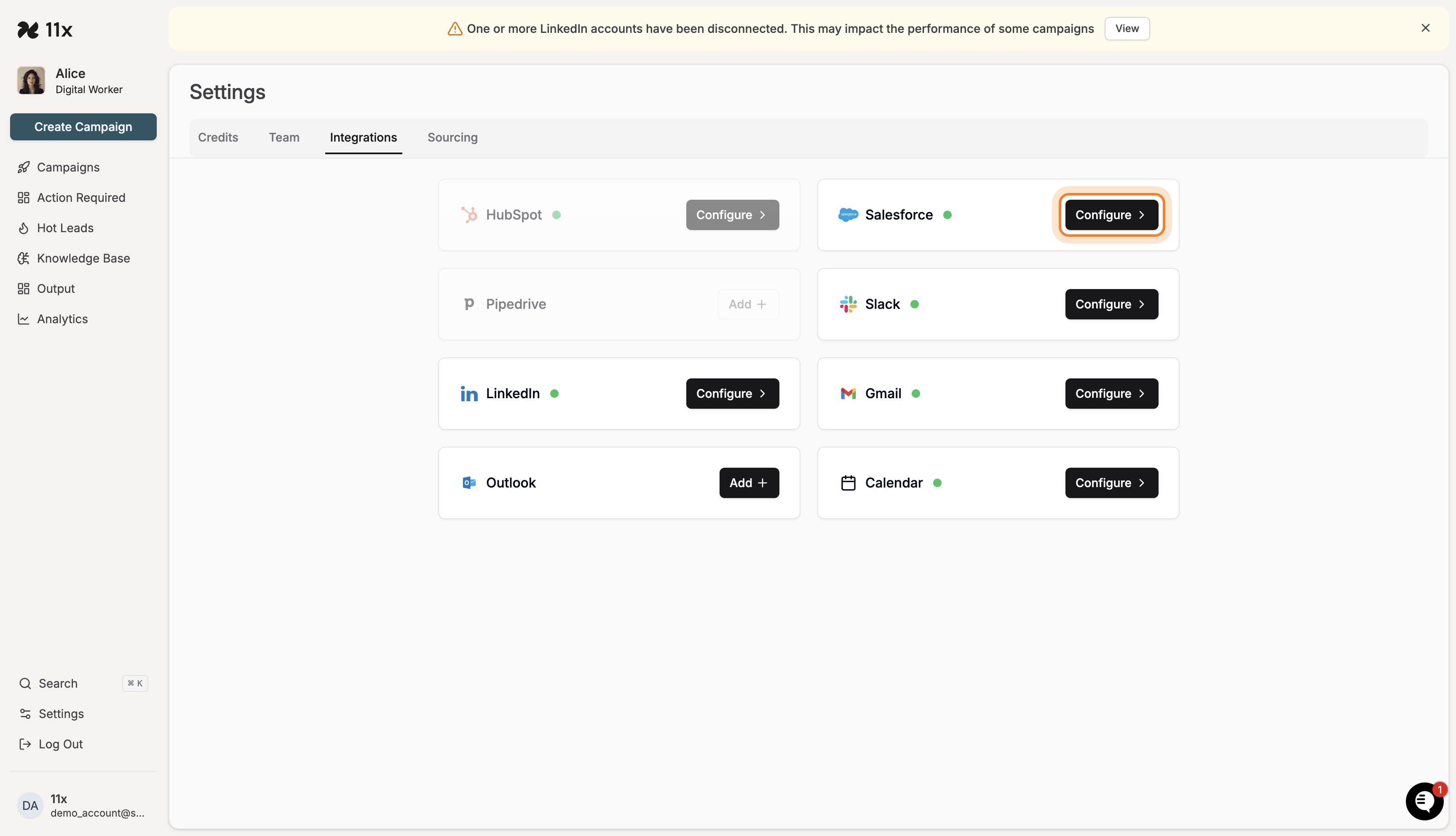 Integrations page with Salesforce direct link highlighted