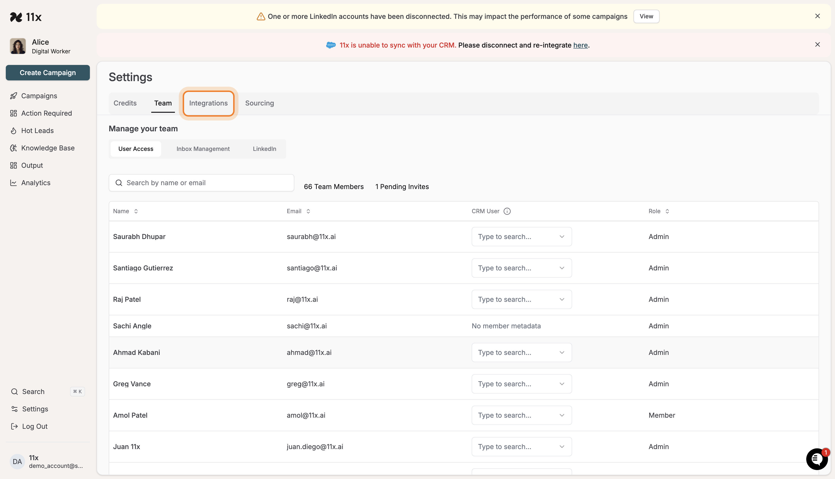 Integrations tab highlighted in Settings