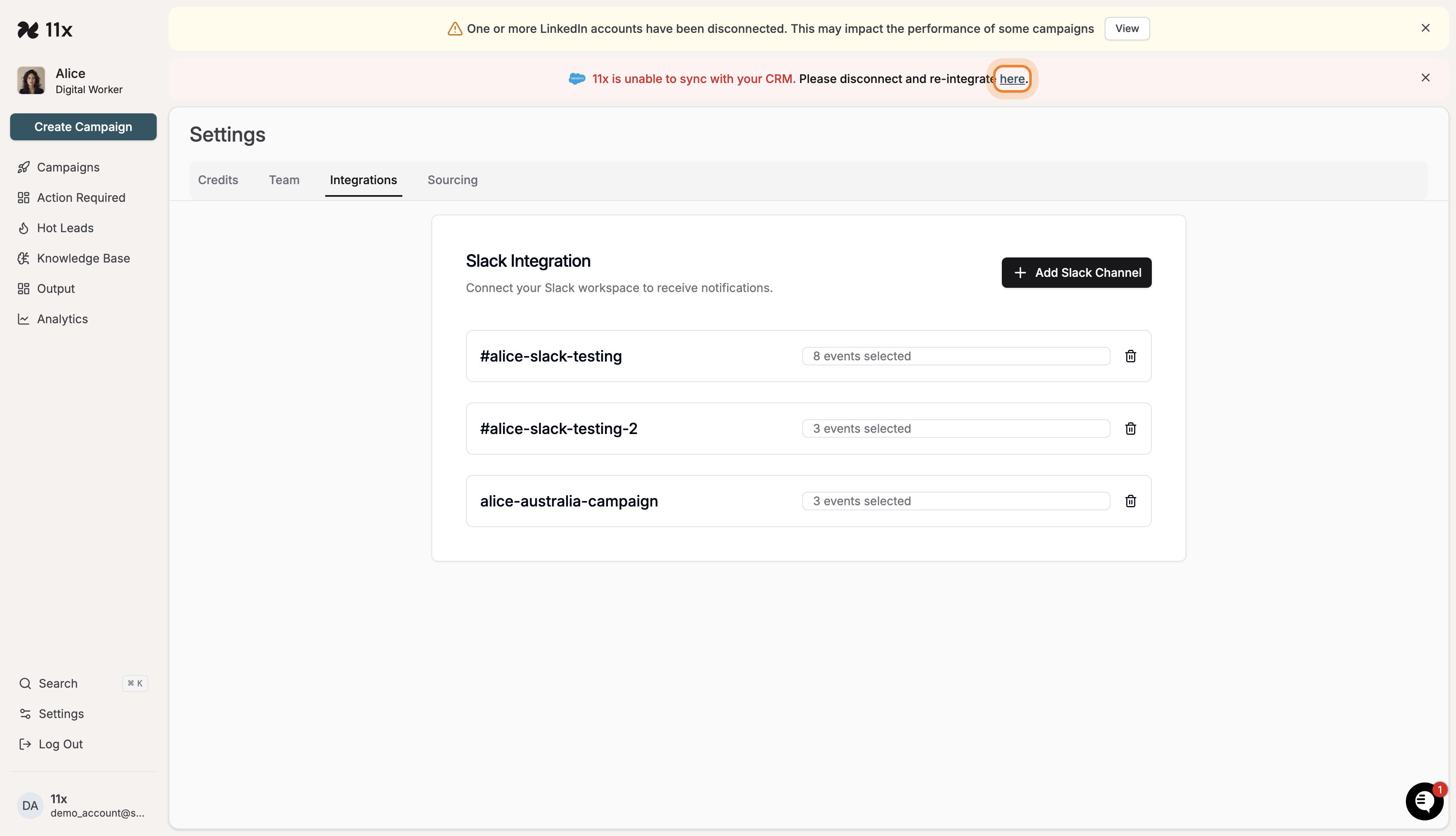 Slack integration page with CRM sync error and 'here' link highlighted