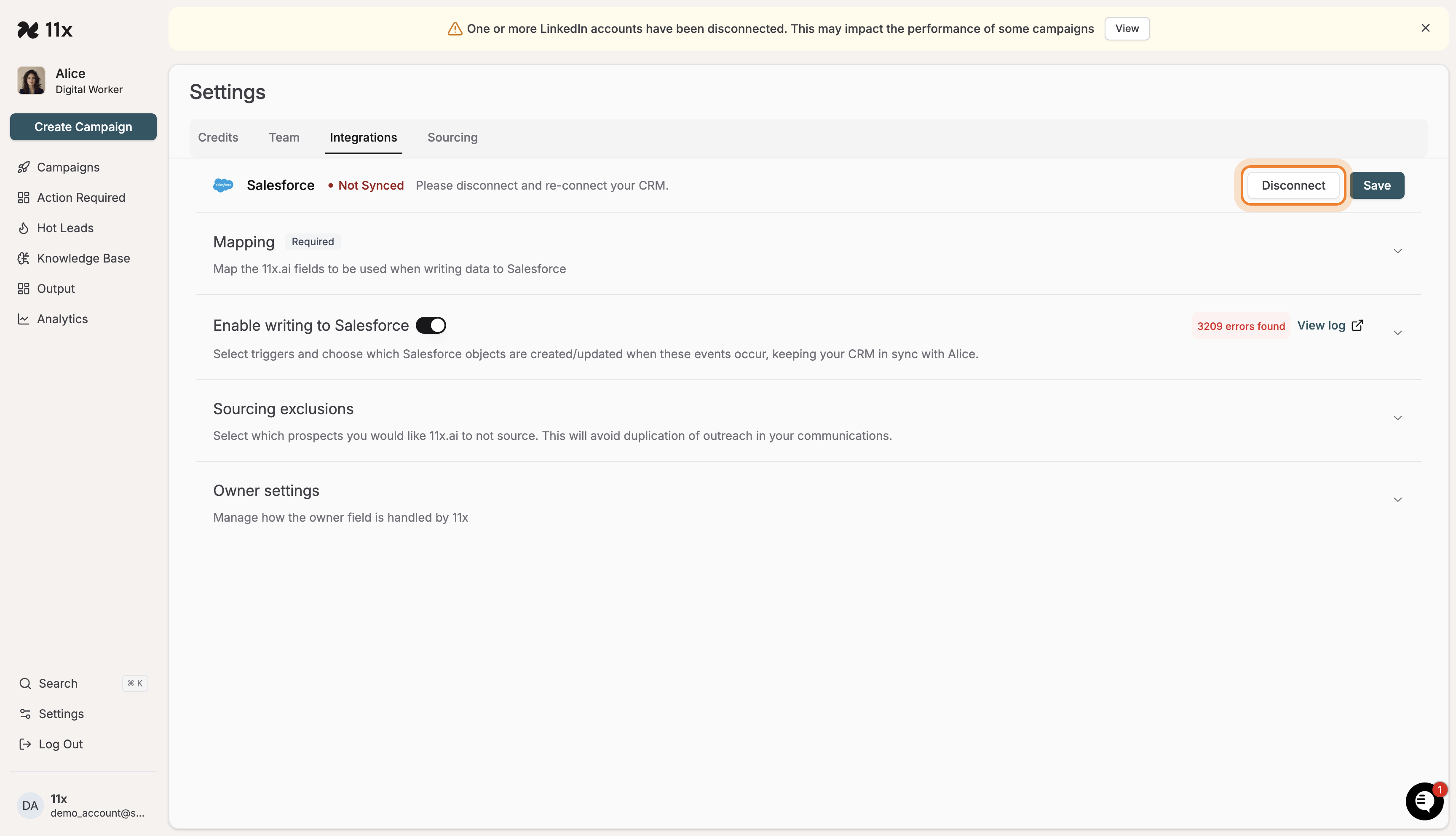 Salesforce integration showing Not Synced status and Disconnect button