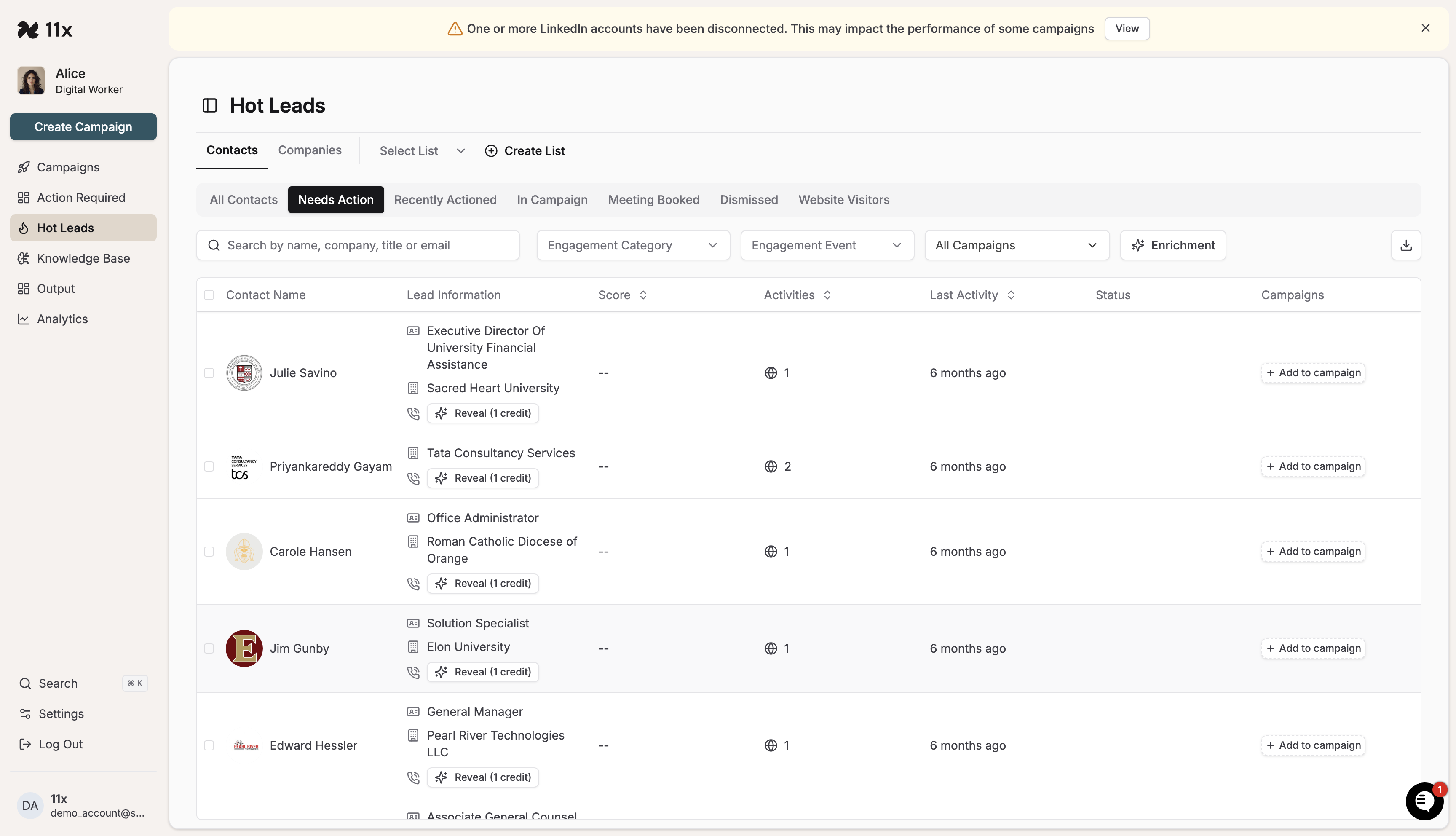 Hot Leads page showing lead details and navigation tabs