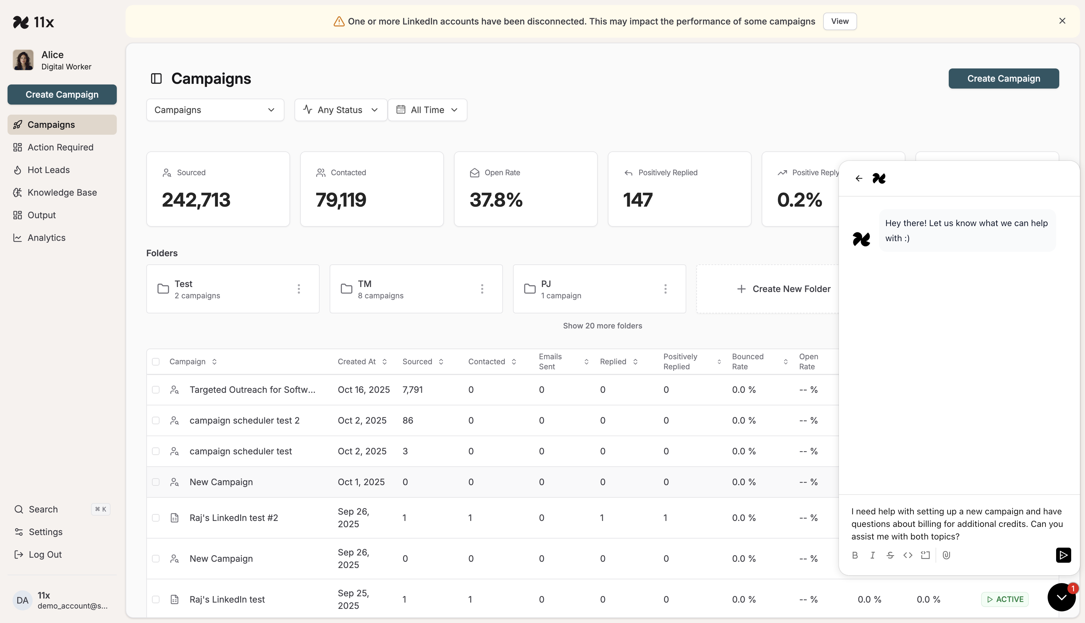 Support chat icon and panel opening on 11x.ai