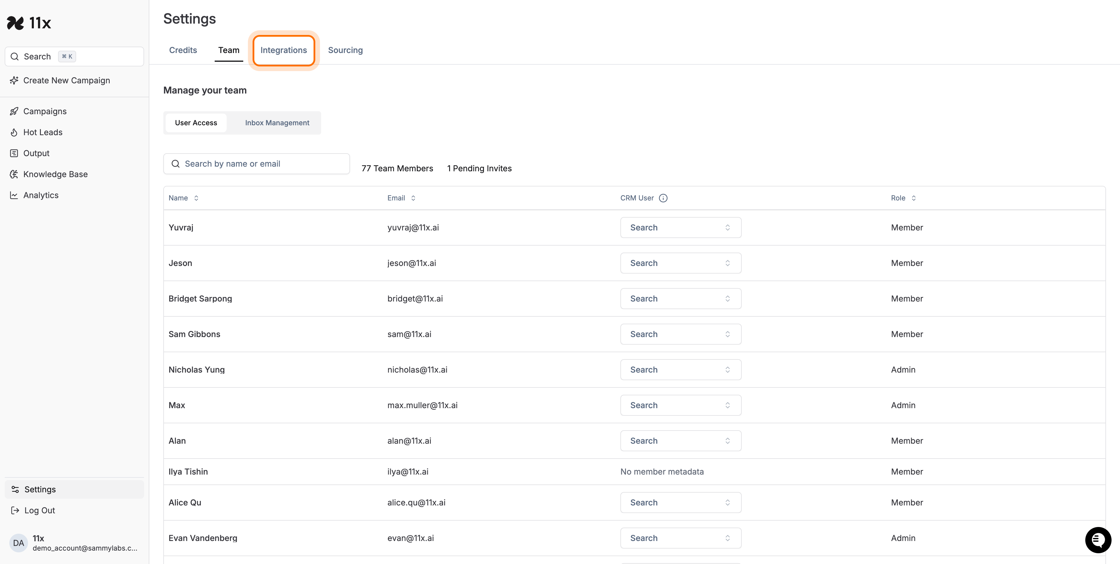 Integrations tab highlighted on the Settings page