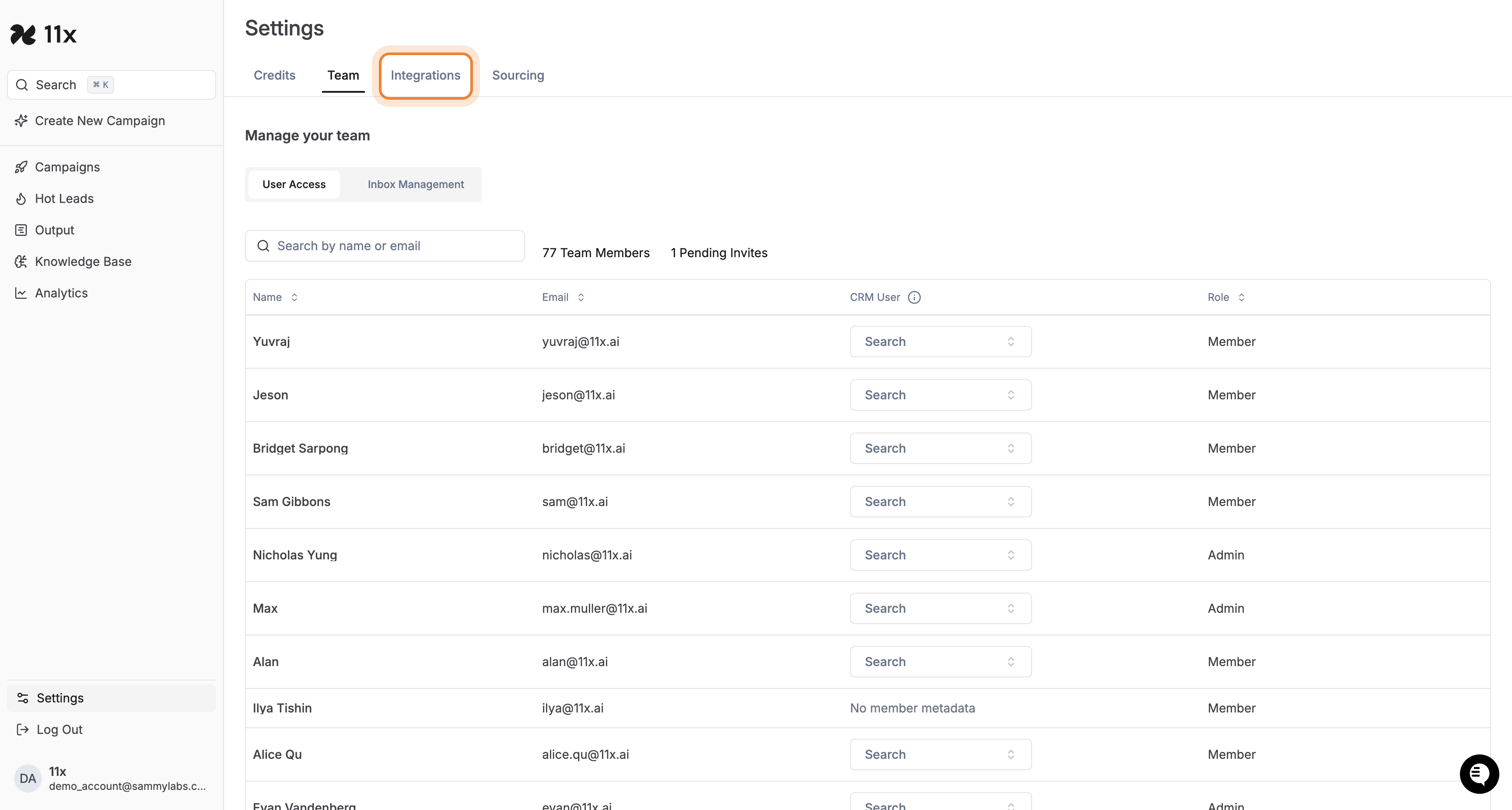 Integrations tab highlighted on the Settings page