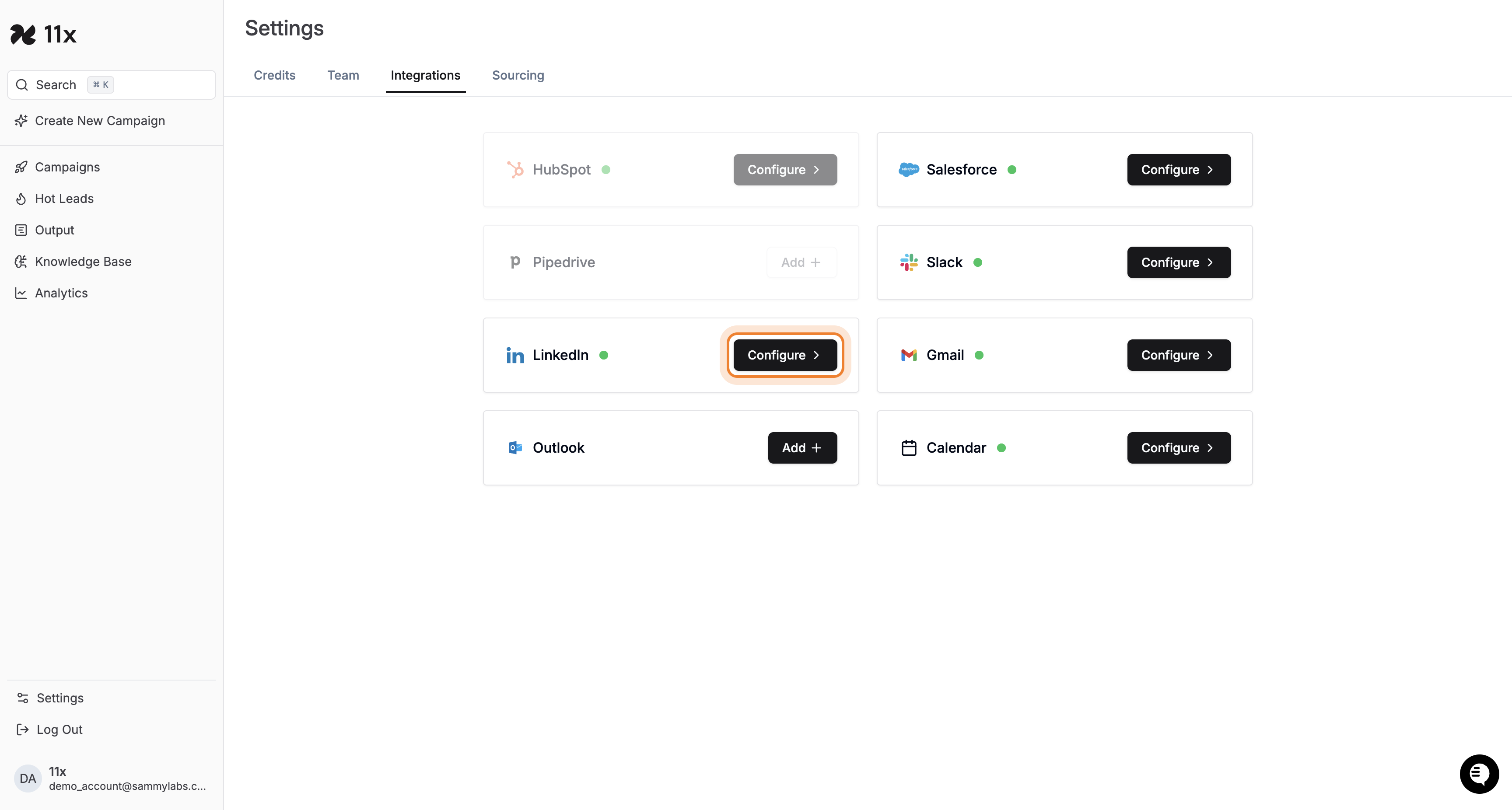 Configure button highlighted next to LinkedIn integration