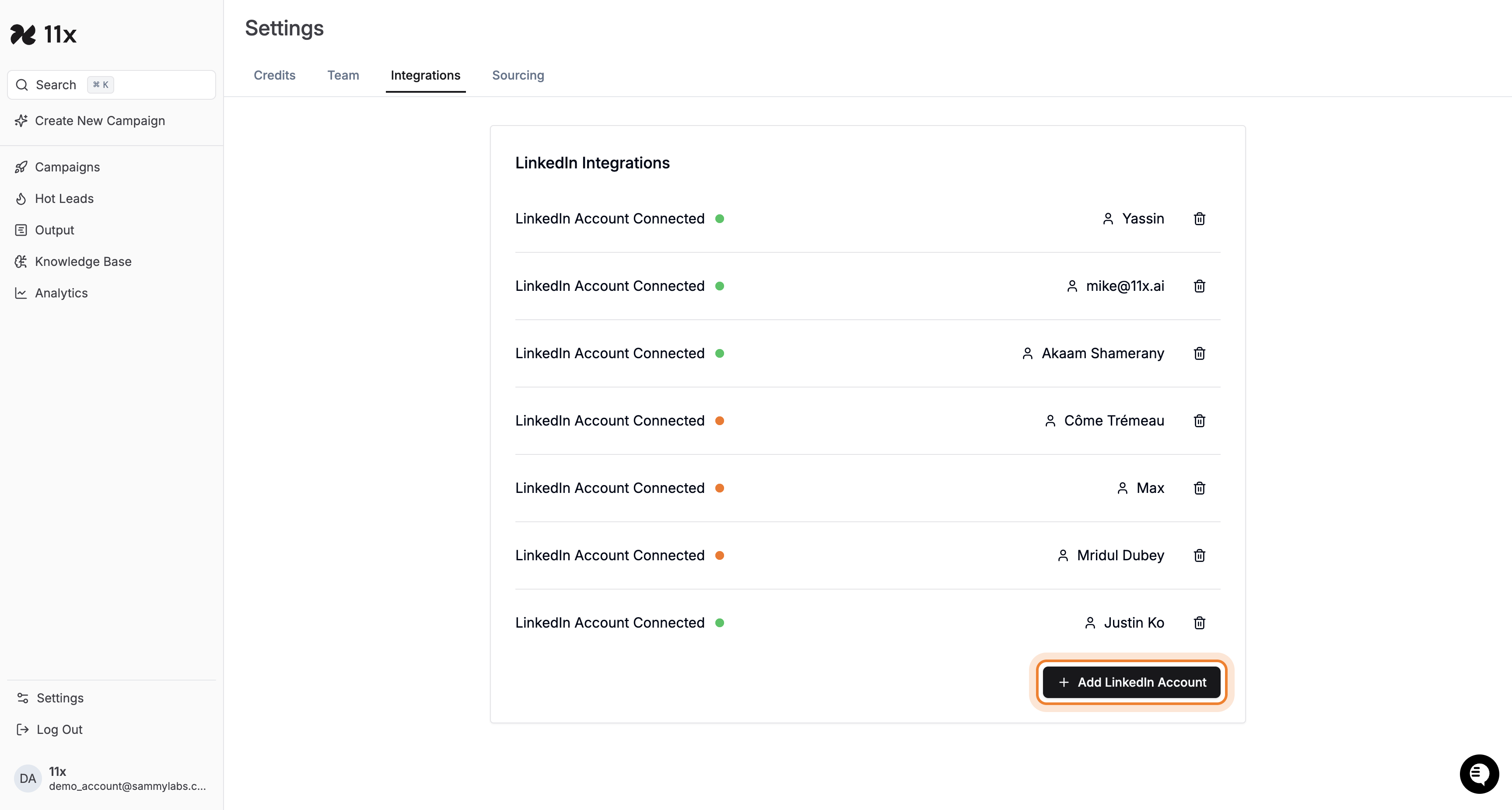 Add LinkedIn Account button highlighted on the LinkedIn Integrations page