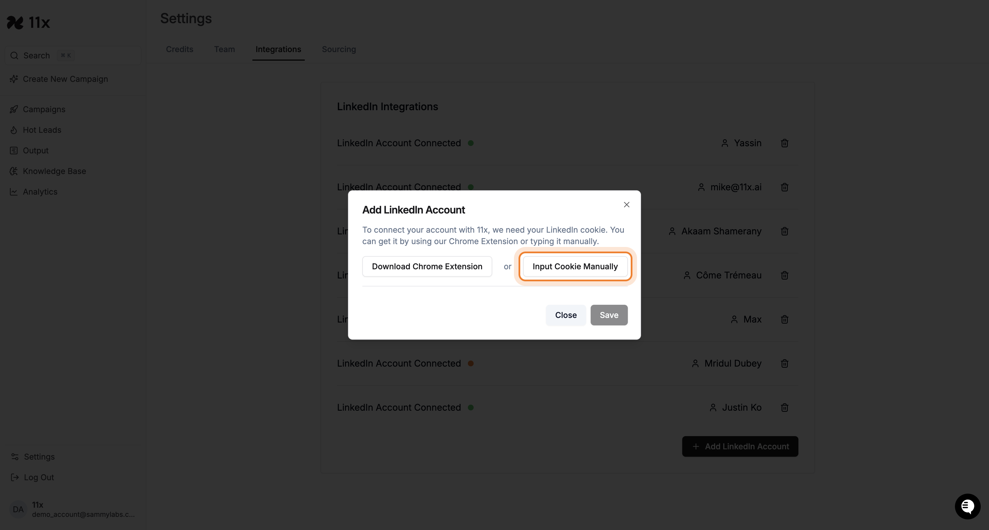 Input Cookie Manually button highlighted in the Add LinkedIn Account dialog
