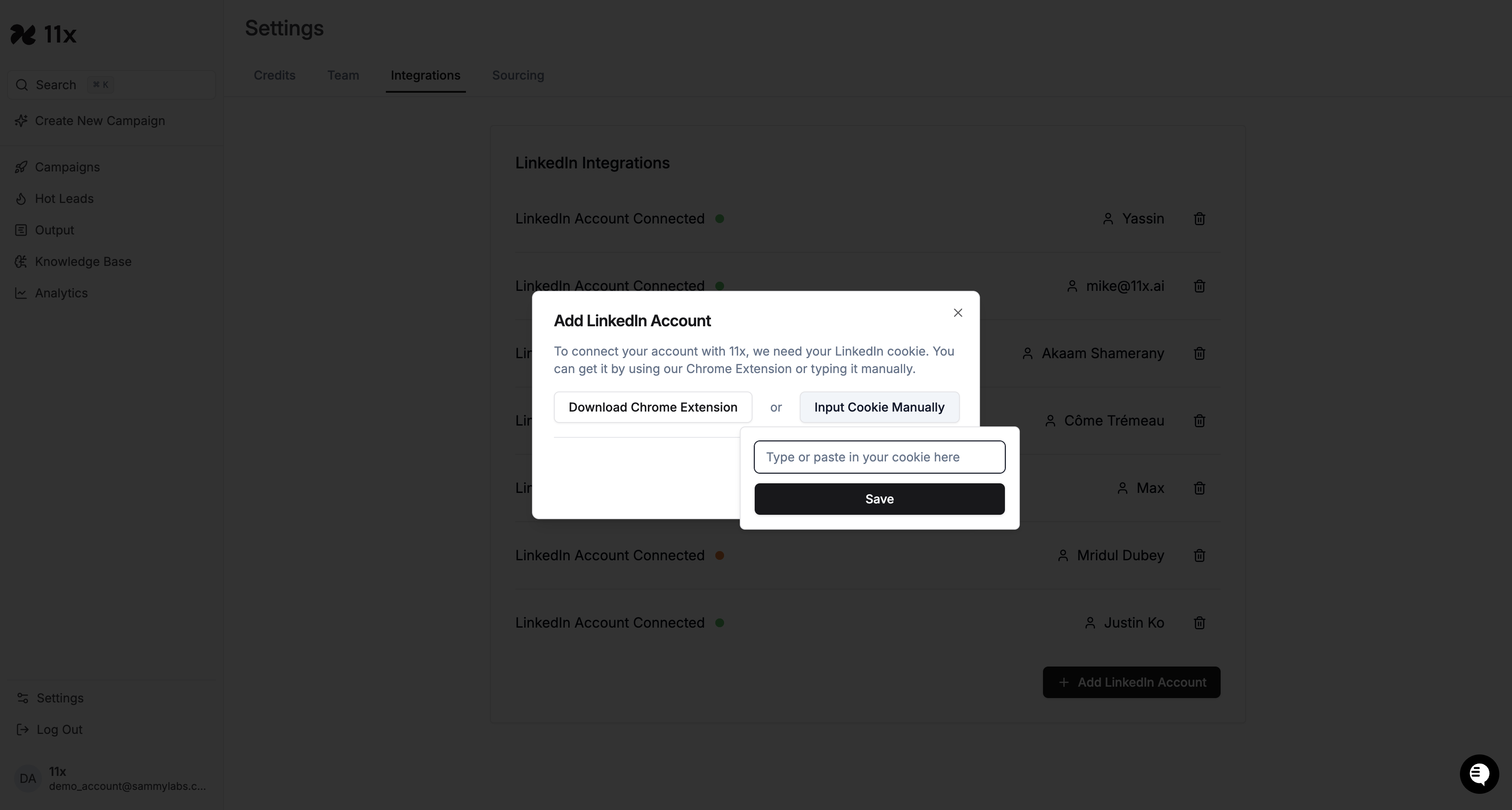Manual cookie input field and Save button in the Add LinkedIn Account dialog