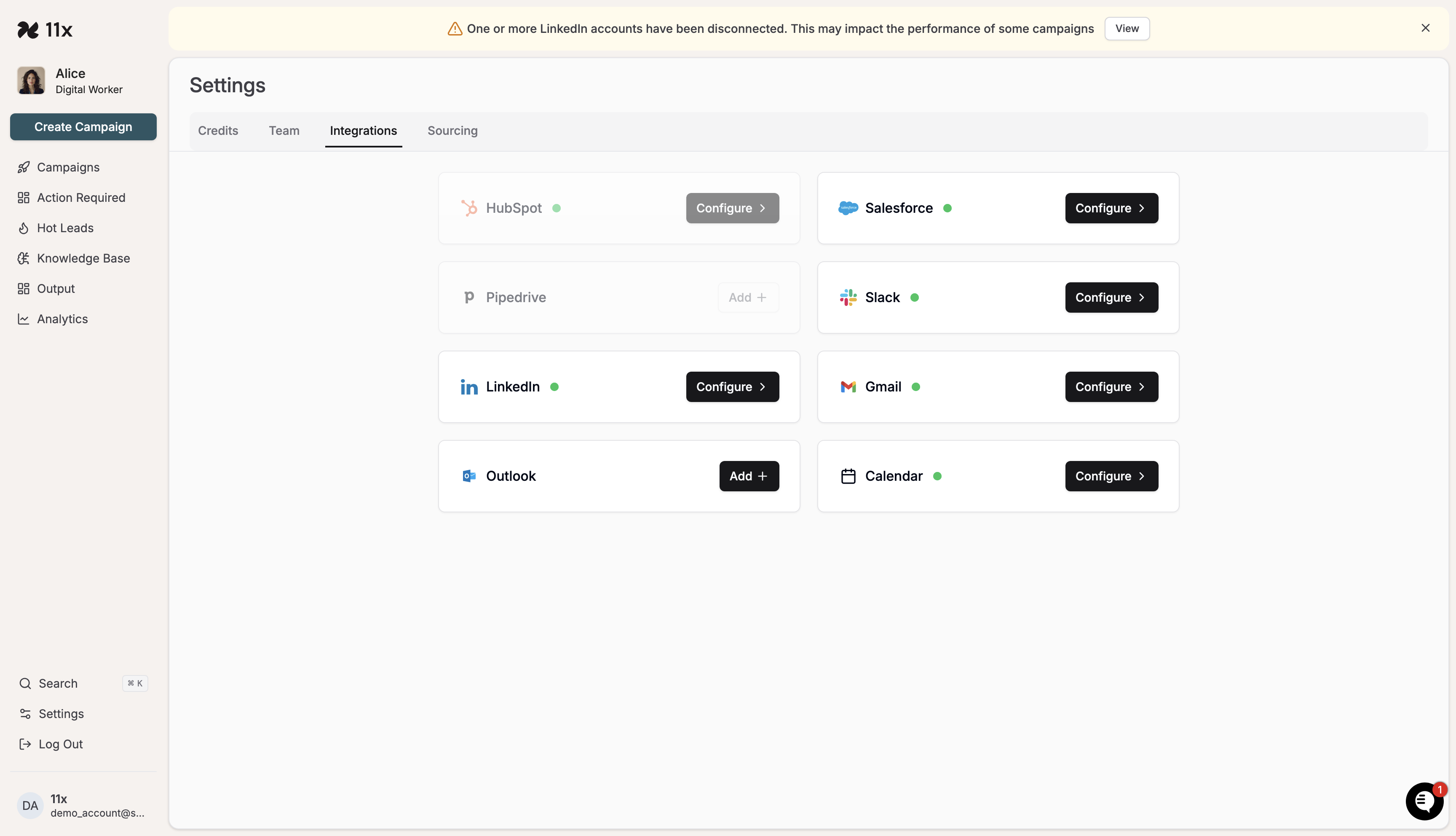 Gmail integration card showing green dot and Configure button