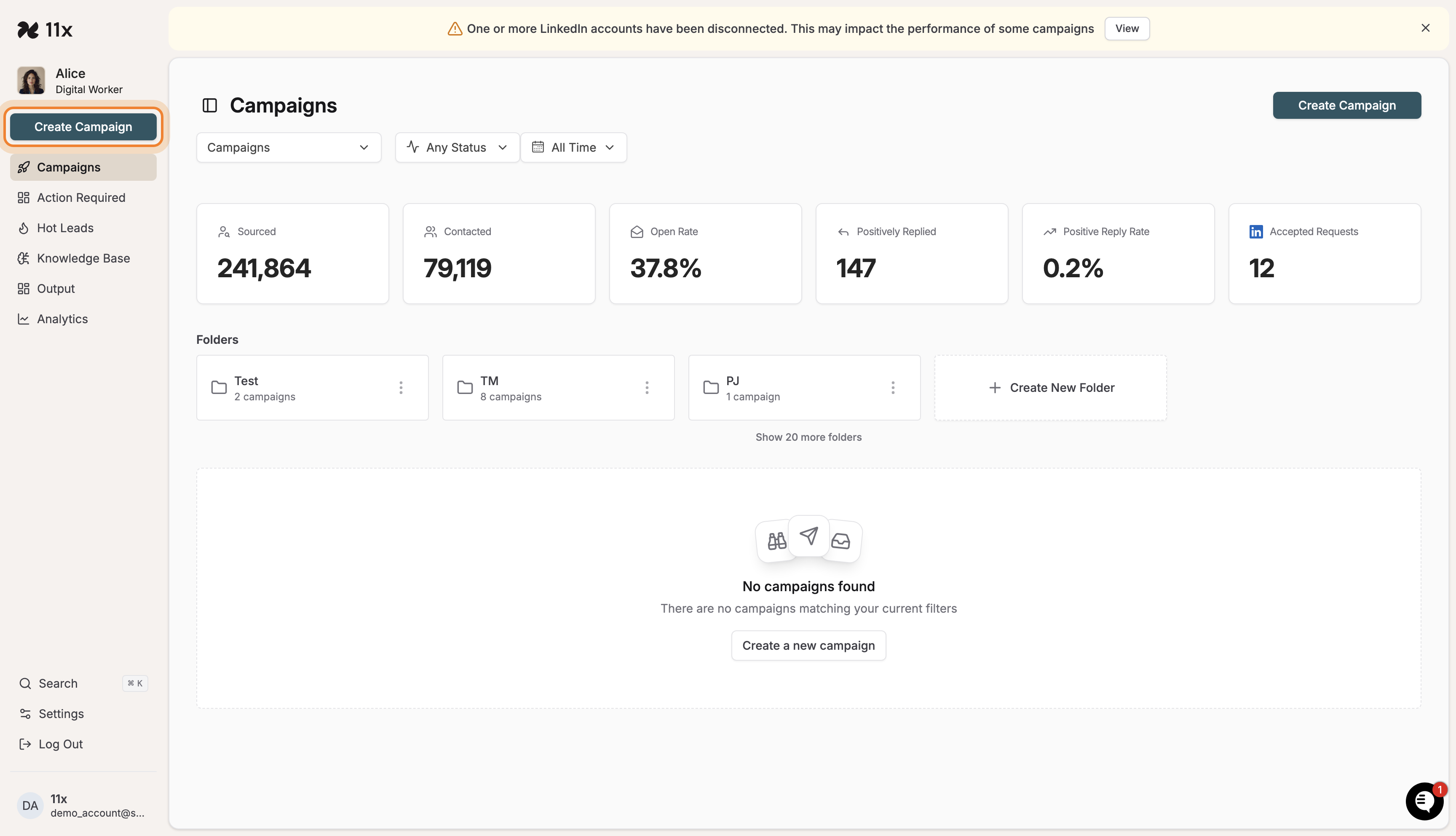 Campaigns dashboard with Create Campaign button highlighted