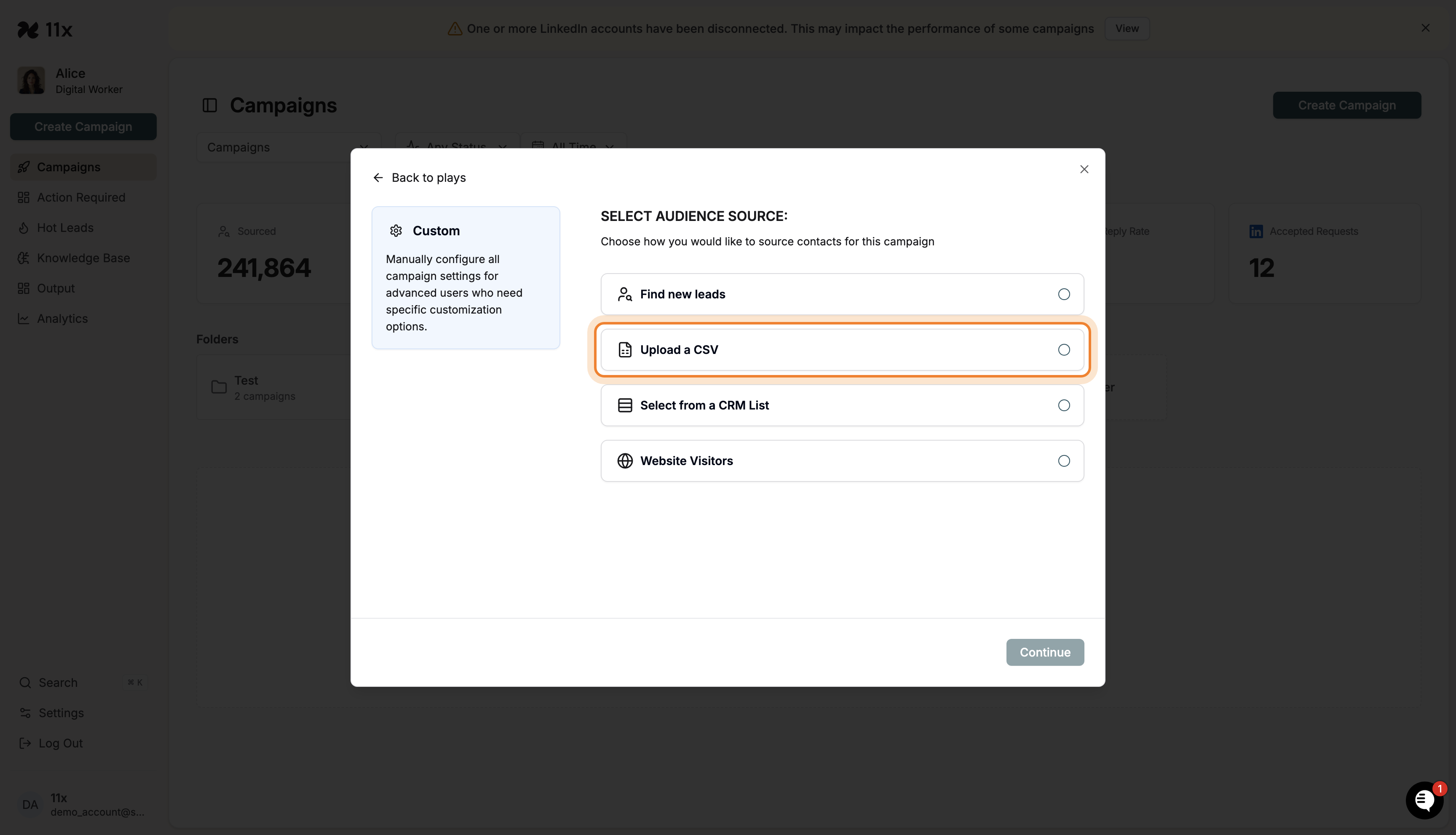 Select Audience Source modal with Upload a CSV highlighted