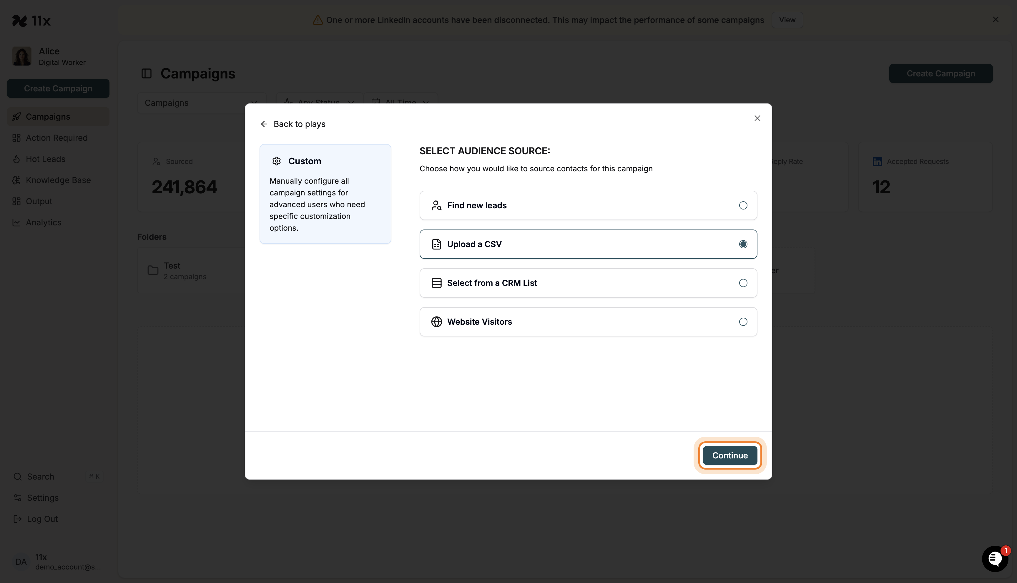 Continue button highlighted in Select Audience Source modal