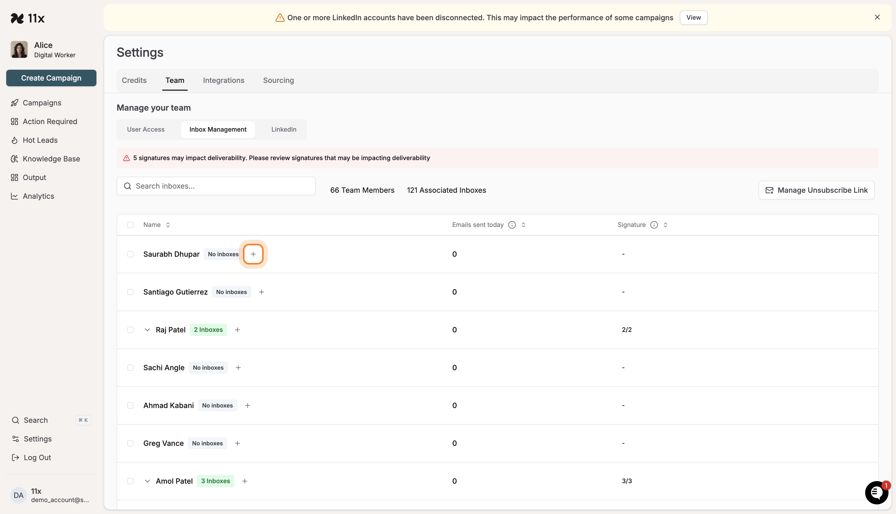 Inbox Management table showing team members, inbox counts, and signature status