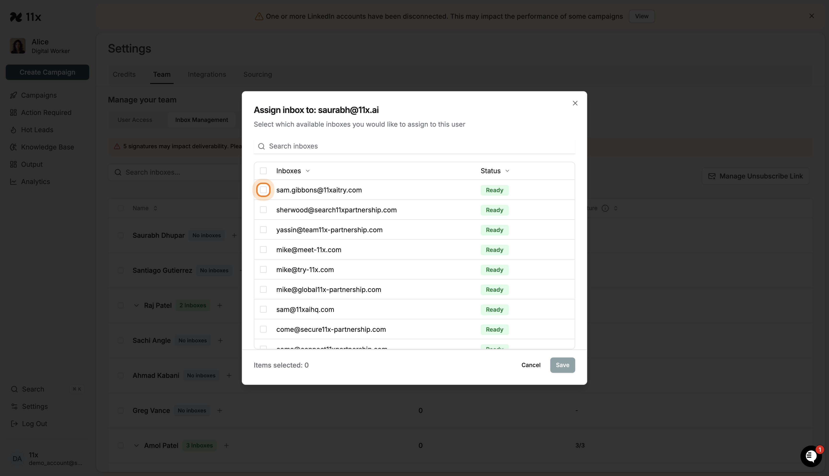 Assign inbox modal with available inboxes and one selected