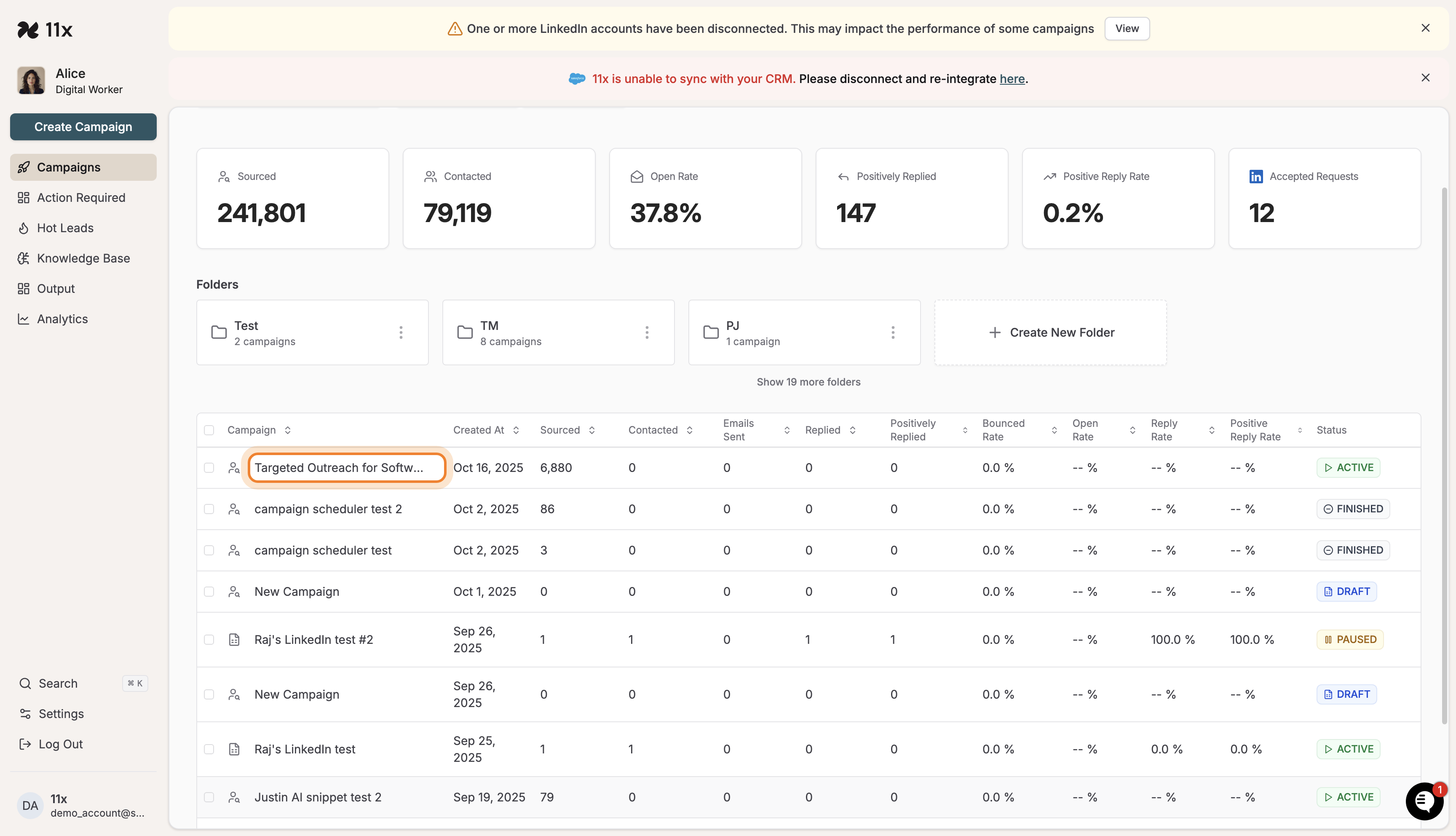 Campaigns dashboard with a campaign selected