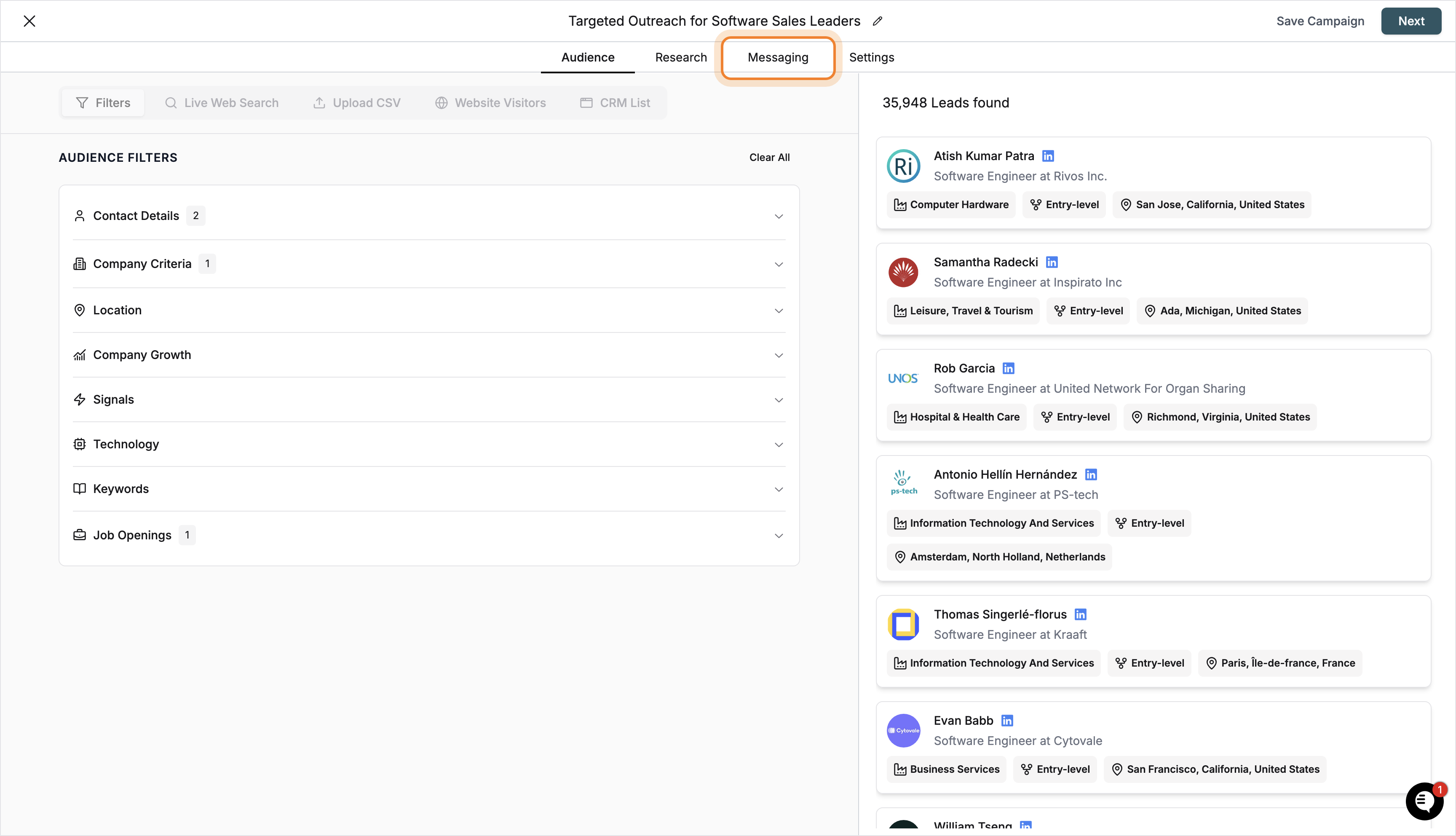 Messaging tab in campaign builder