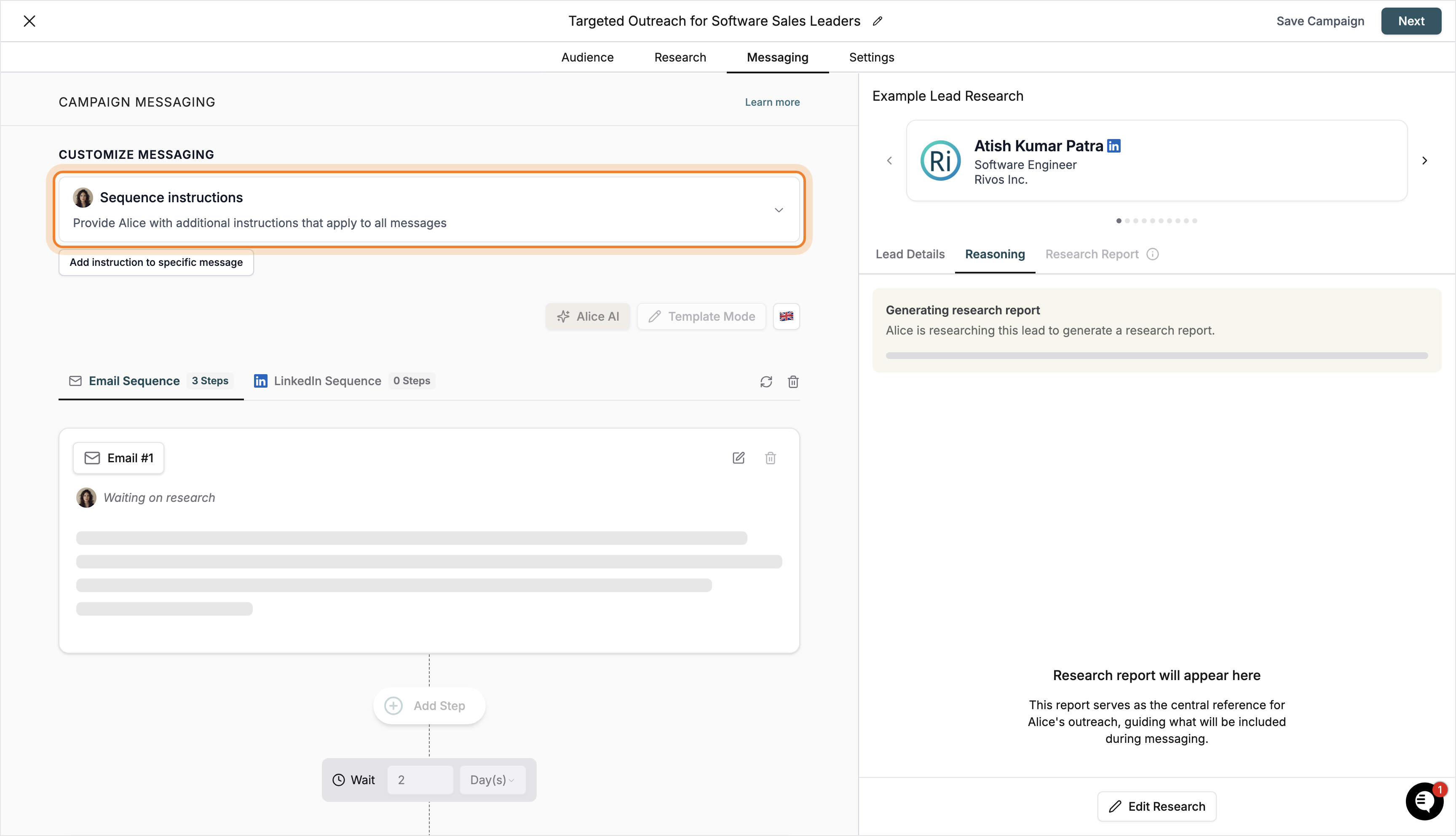 Sequence instructions section in Messaging tab