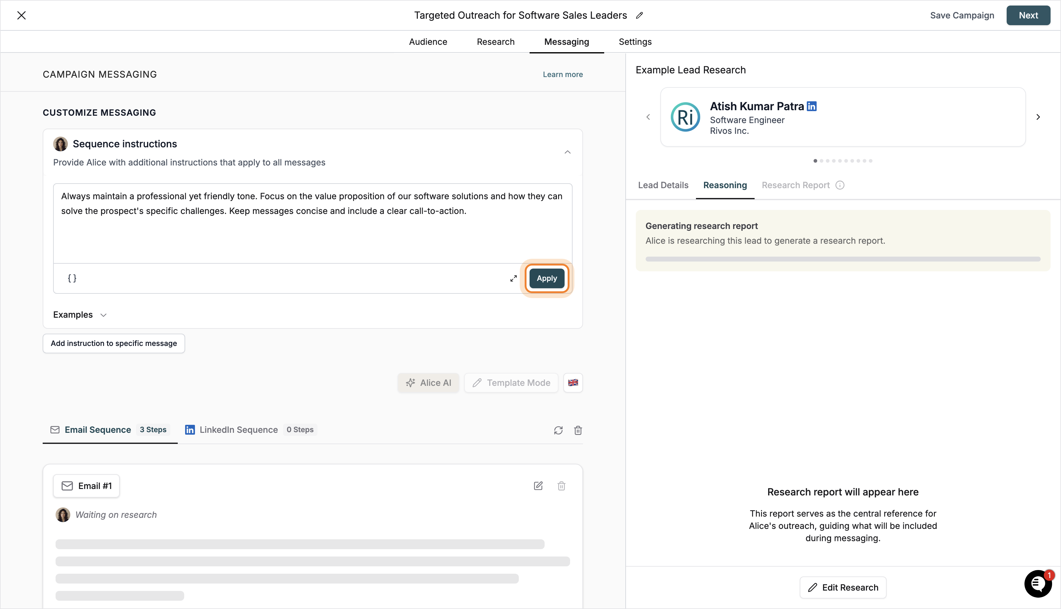 General prompt entered and Apply button highlighted