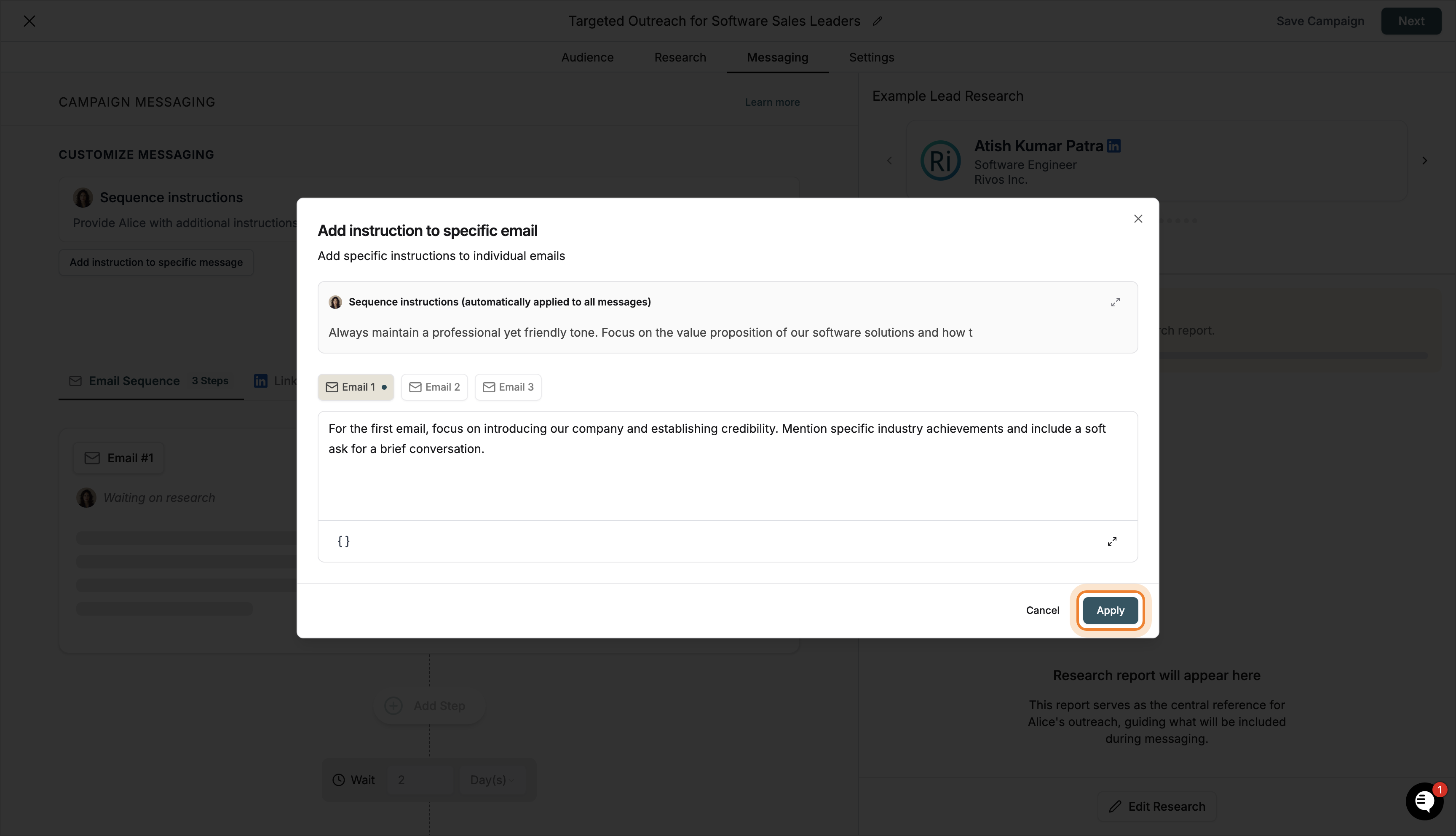 Step-specific prompt entered and Apply button highlighted