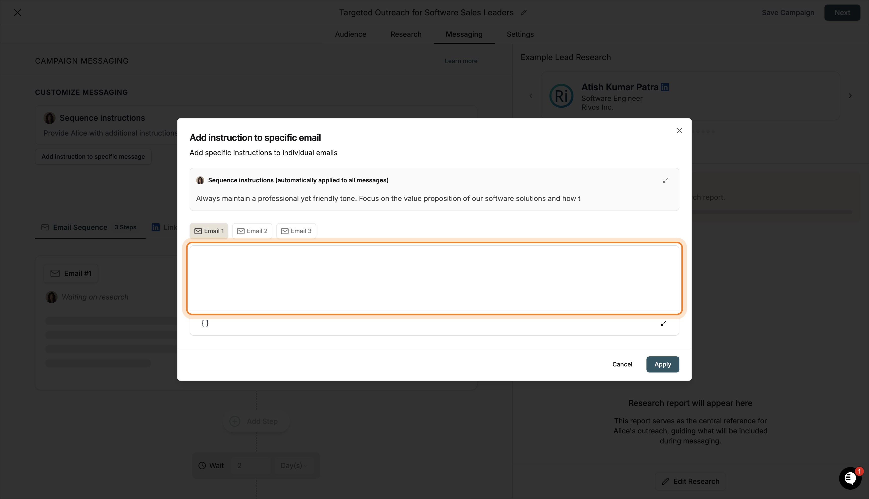 Step-specific prompt modal with text area highlighted