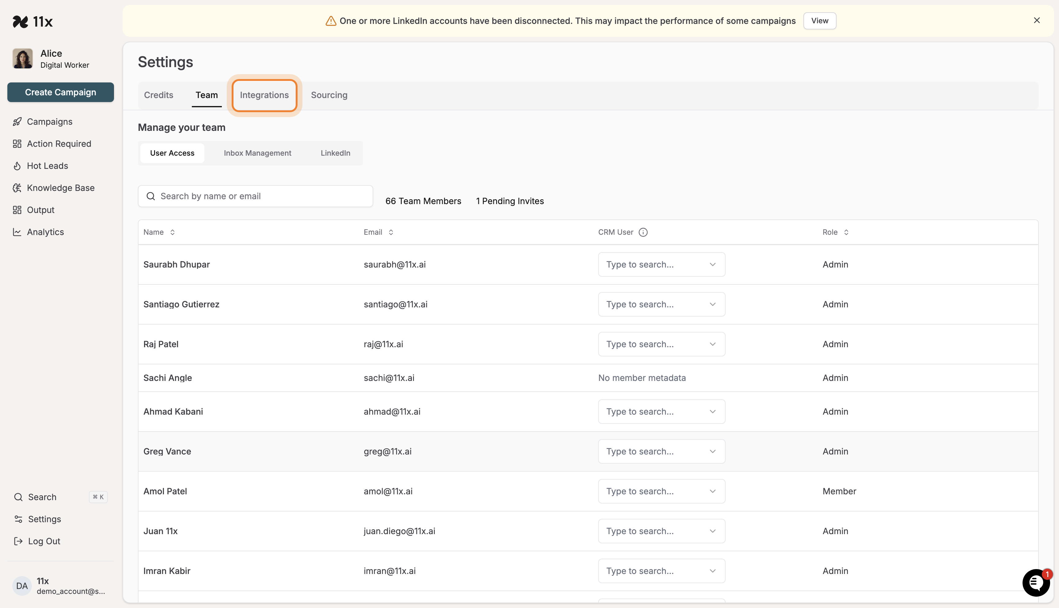 Integrations tab highlighted in Settings