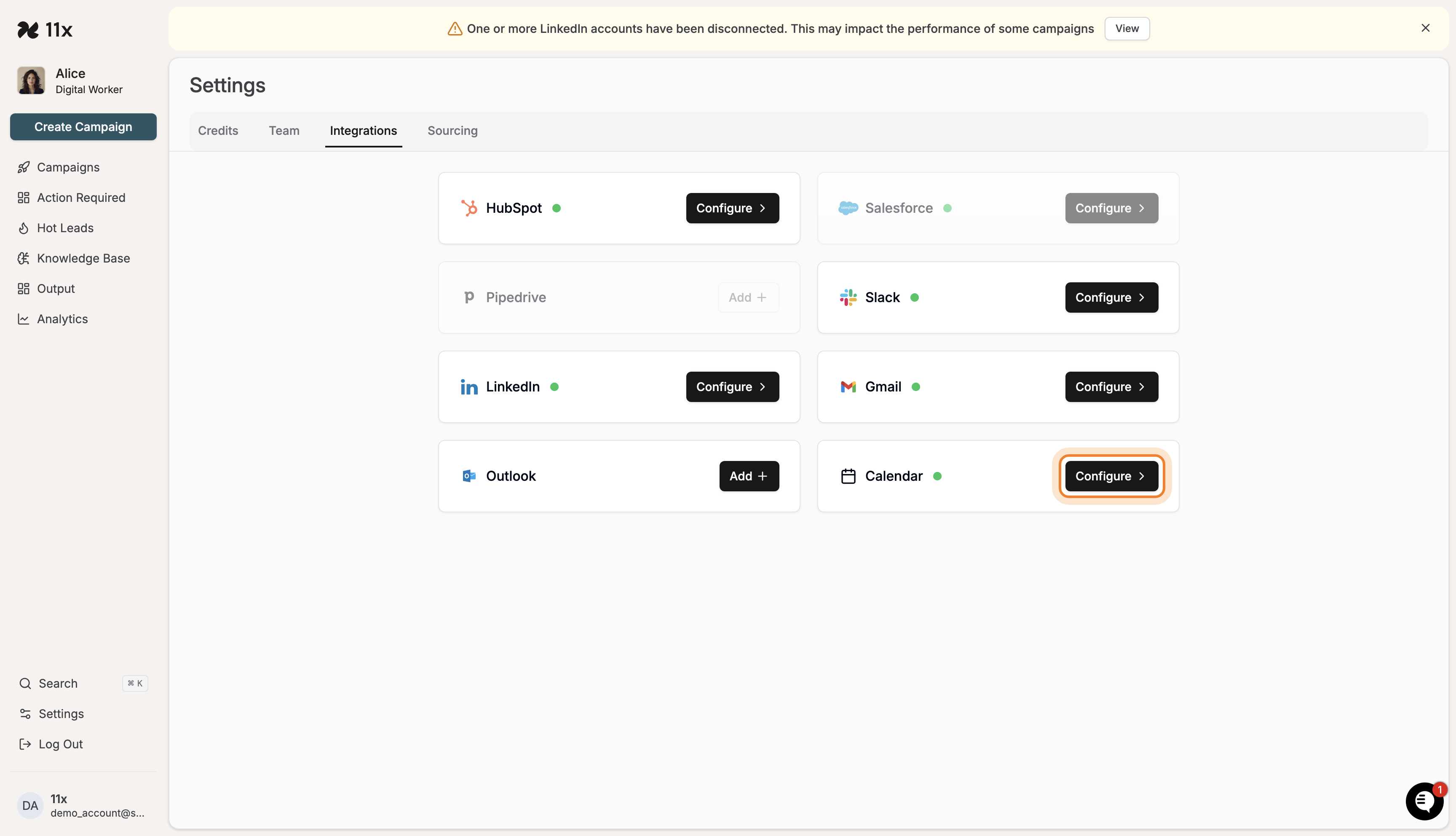 Configure button highlighted on Calendar integration card