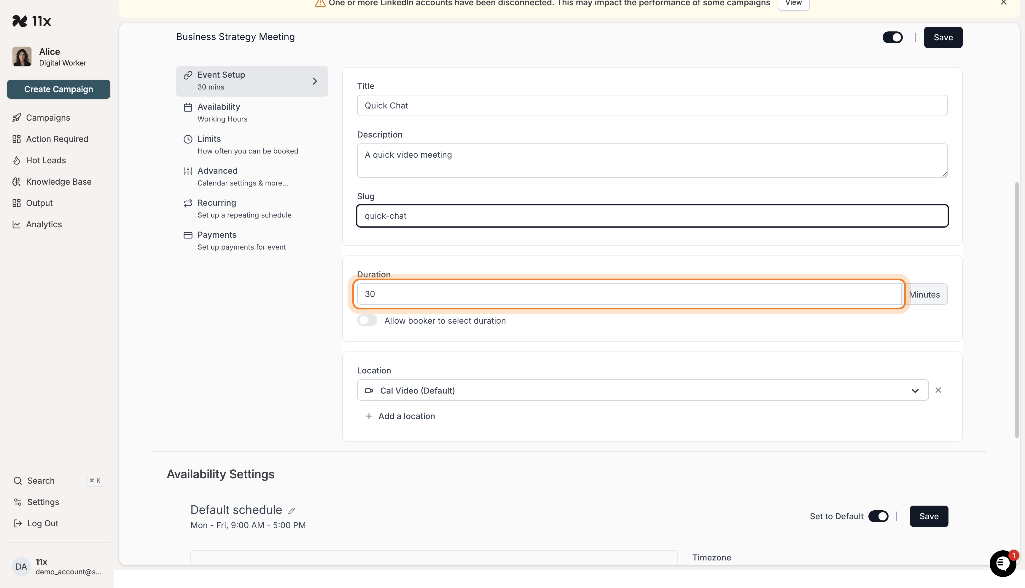Duration field being edited