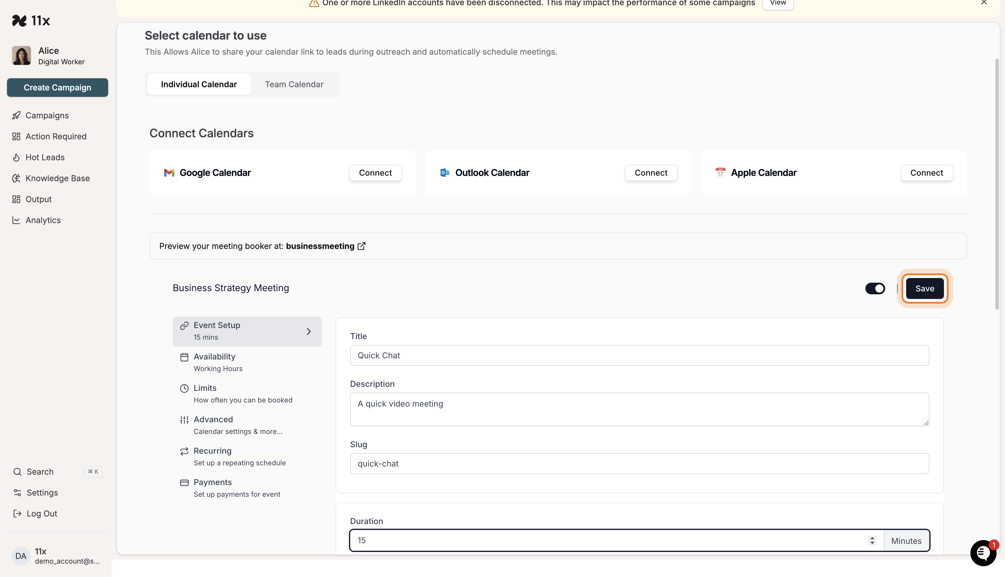Save button highlighted in event configuration
