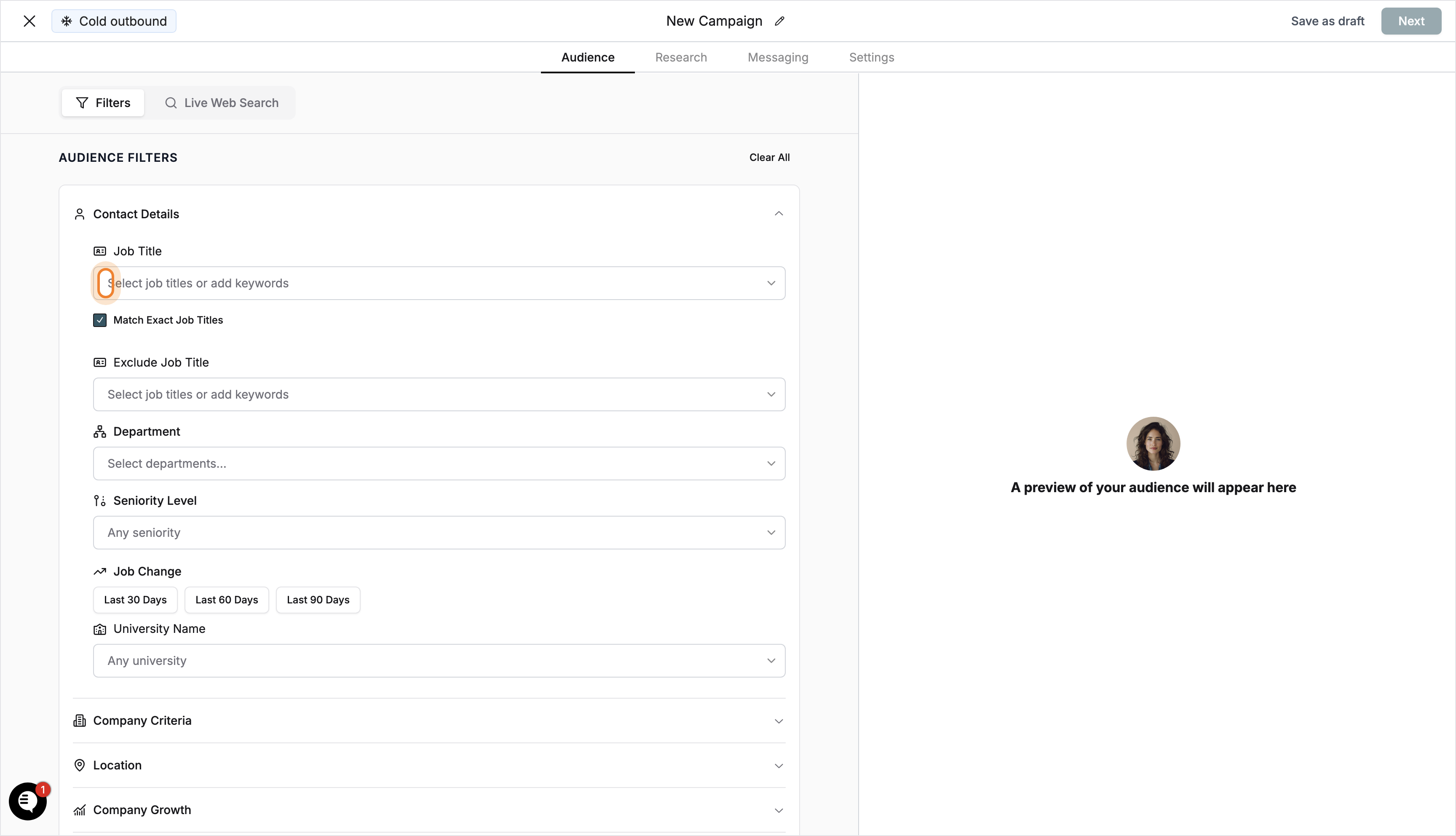 Contact Details section expanded showing all filter fields