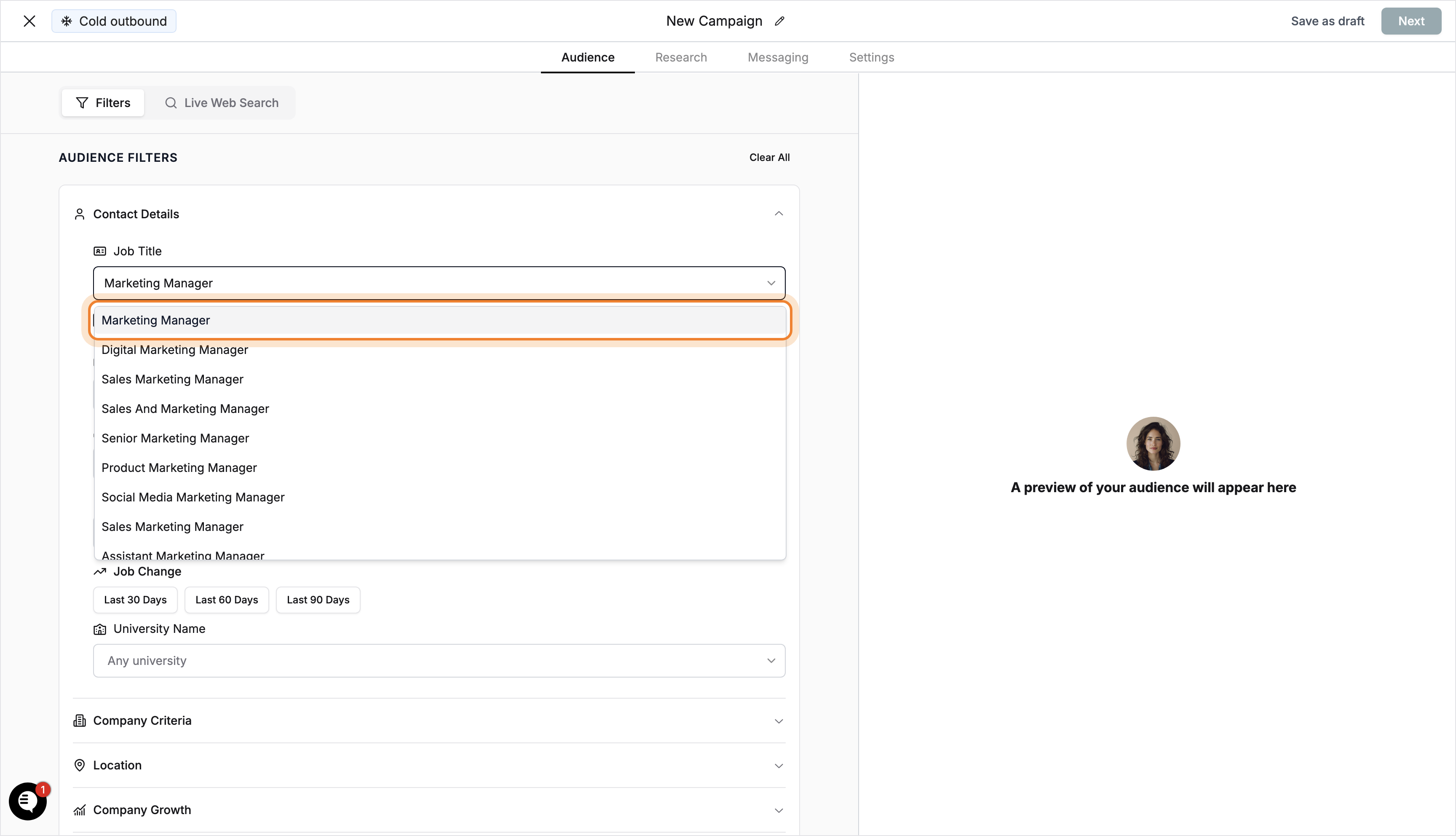 Job Title field with Marketing Manager suggestion highlighted