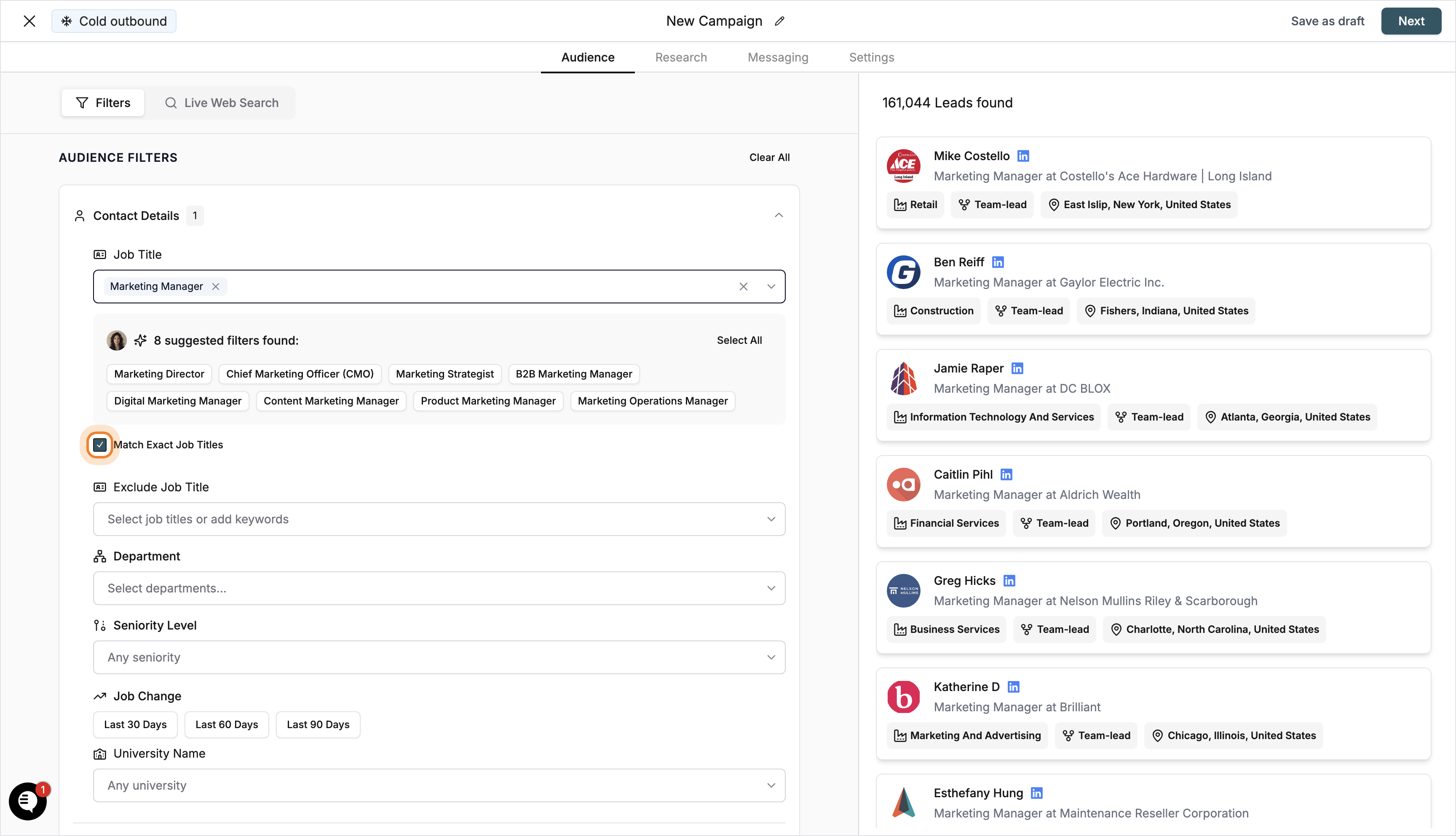 Job Title chip added and preview pane showing leads
