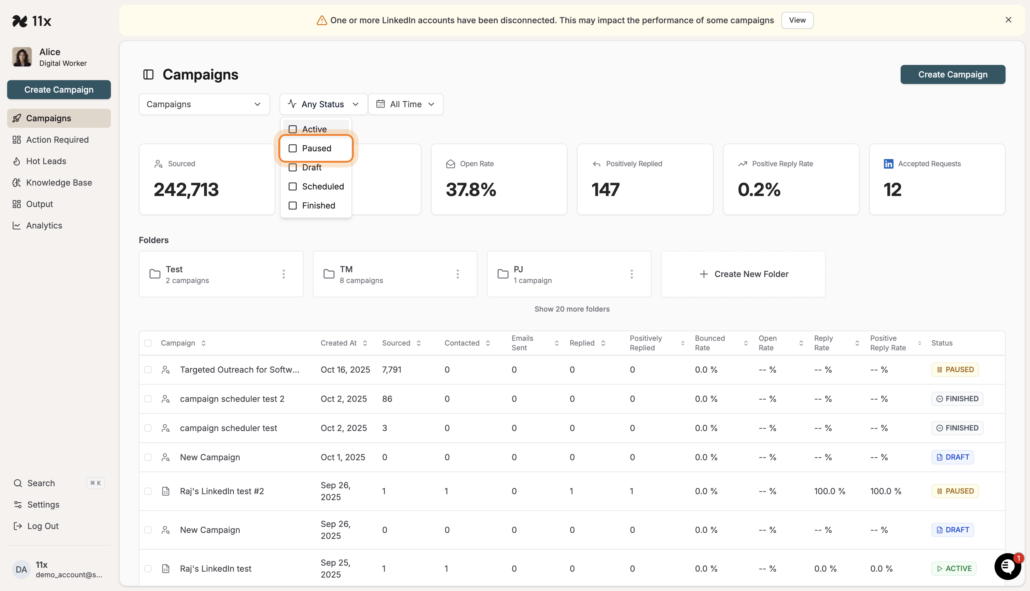 Status dropdown with Paused option highlighted